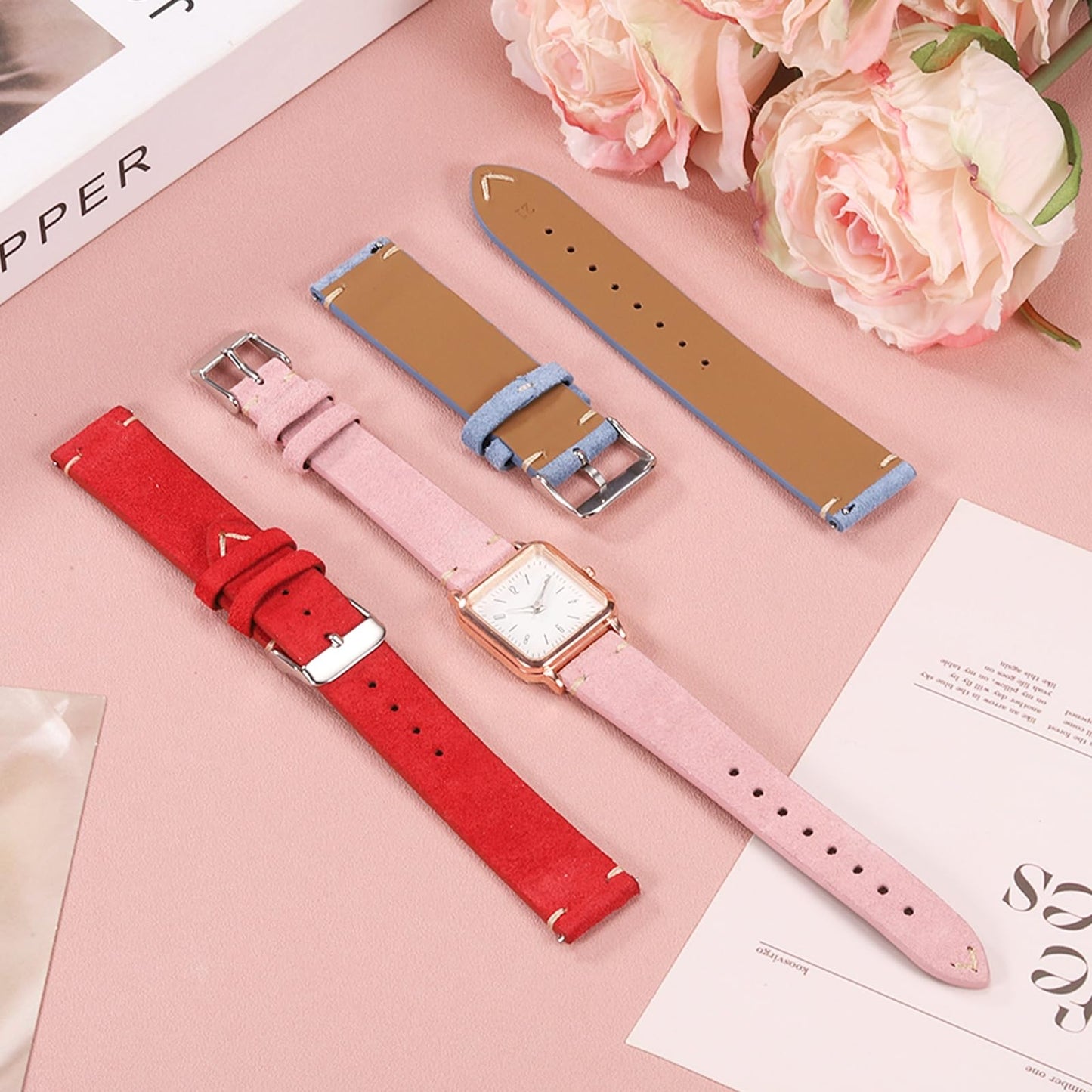 HARFINGTON Leather Watch Band 20mm Width Watch Strap Top-Grain Suede Cowhide Wrist Bands Replacement with Stainless Steel Buckle for Men Women, White