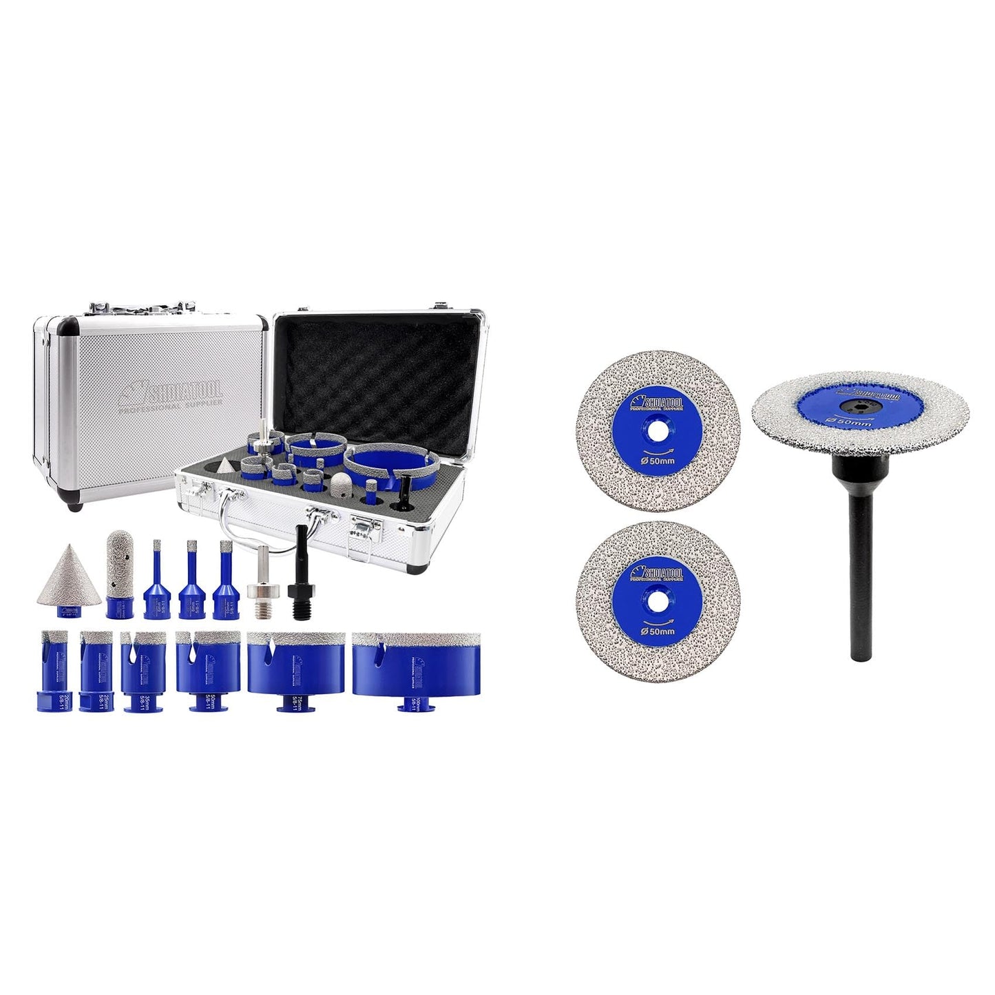 SHDIATOOL Diamond Tile Drill Bits Kit 13pcs, Porcelain Hole Saw Sets, Core Bits Cutter for Drilling Ceramic Marble Granite (6/8/10/20/25/35/50/75/100/20MM/2/SDS/HEX)