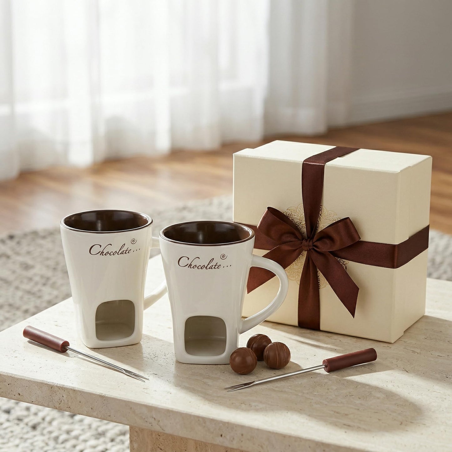 DECHOUS 2 Pack Fondue Mugs, Ceramic Chocolate Melting Cups with 2 Forks, Personal Fondue Mugs Set for Chocolate, Cheese, Butter, Ideal for Date Night, Birthday, Parties, Wedding Gift