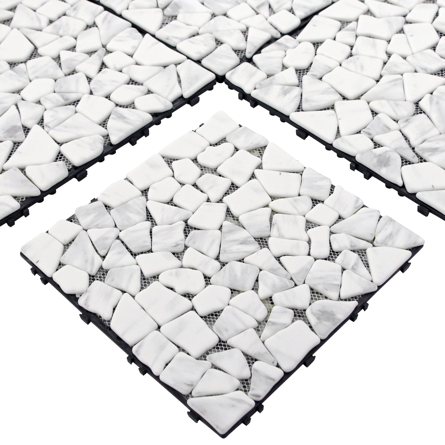 4PCS Natural Pebble Interlocking Deck Tiles, 12" x 12" Recycled Glass Marble Looks Waterproof Patio Deck, Outdoor & Indoor Flooring Decking Tiles for Porch Poolside Balcony Backyard, Carrara White