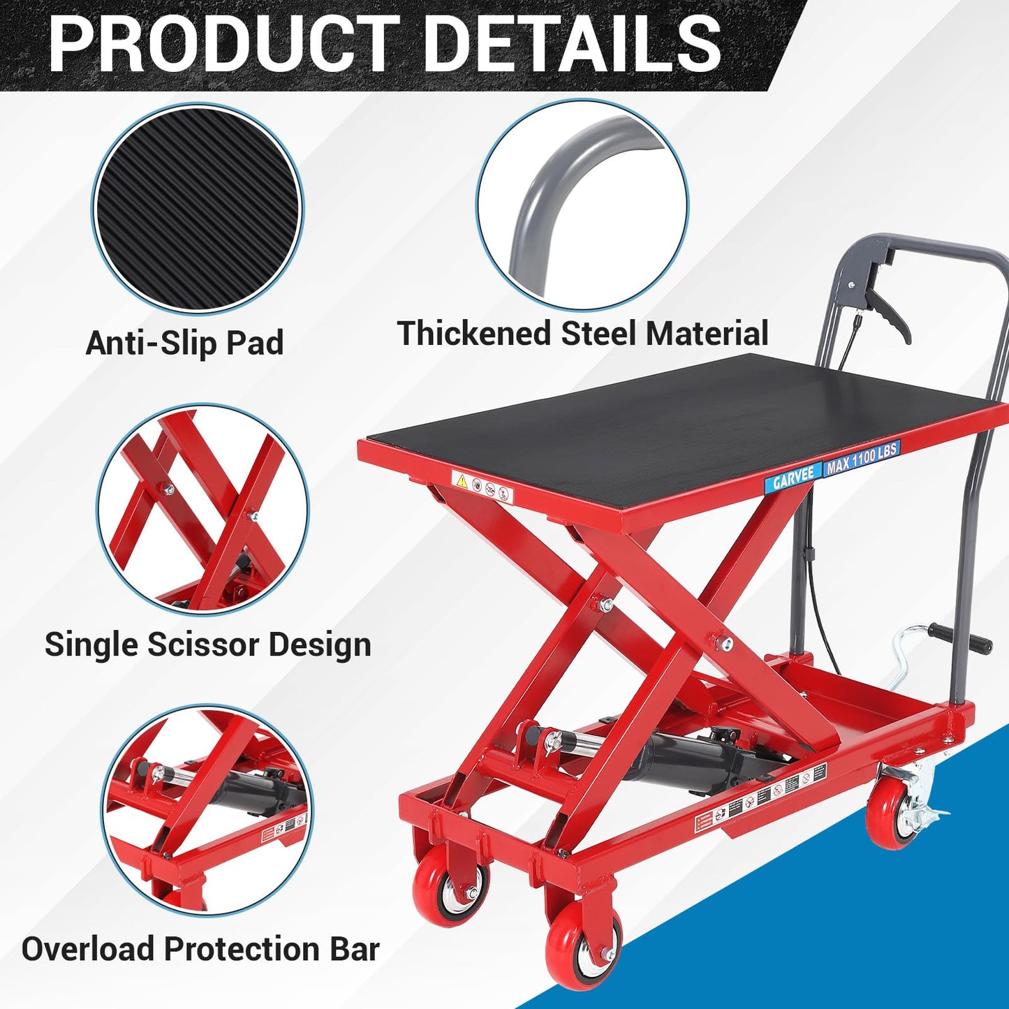 Garvee Hydraulic Lift Table Cart, 1100 LBS Capacity 32" Lifting Height Single Scissor Lift Table with 4 Wheels & Non-Slip Pad, for Material Handling and Transportation, Red