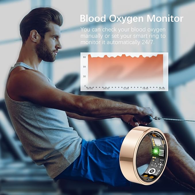 Ring Health Tracker for Women Men, Fit Ring with Heart Rate, Blood Oxygen, Sleep Monitor, Calories, Step Counter, IP68 Waterproof Smart Ring for iPhone & Android, No Subscription Fee (Rose Gold, 12#)