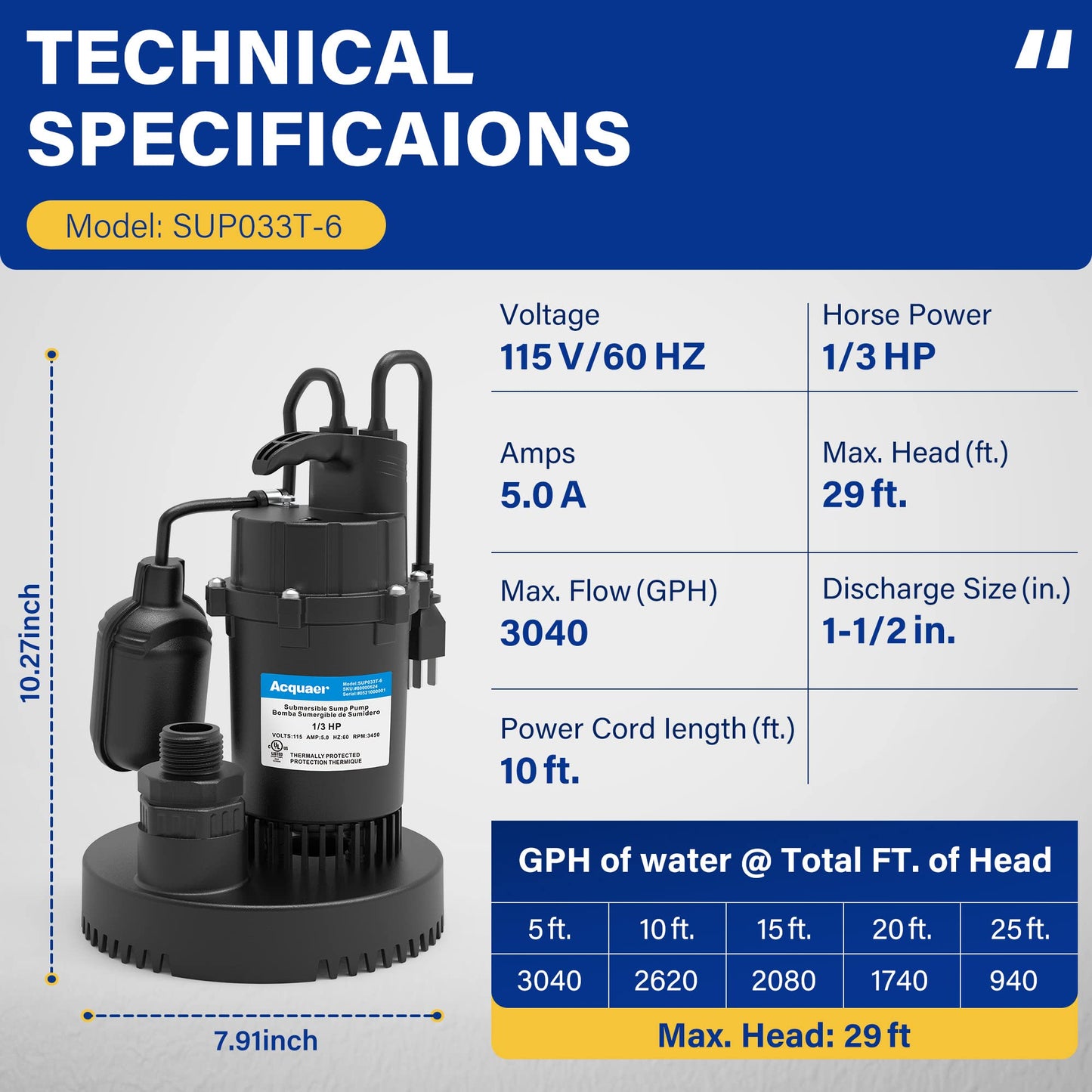 Acquaer Sump Pump Submersible Clean/Dirty Water Pump with Adjustable Float Switch for Garden Pool, Basement, Flooded House, Hot Tub and Irrigation, 1/3HP 3040GPH