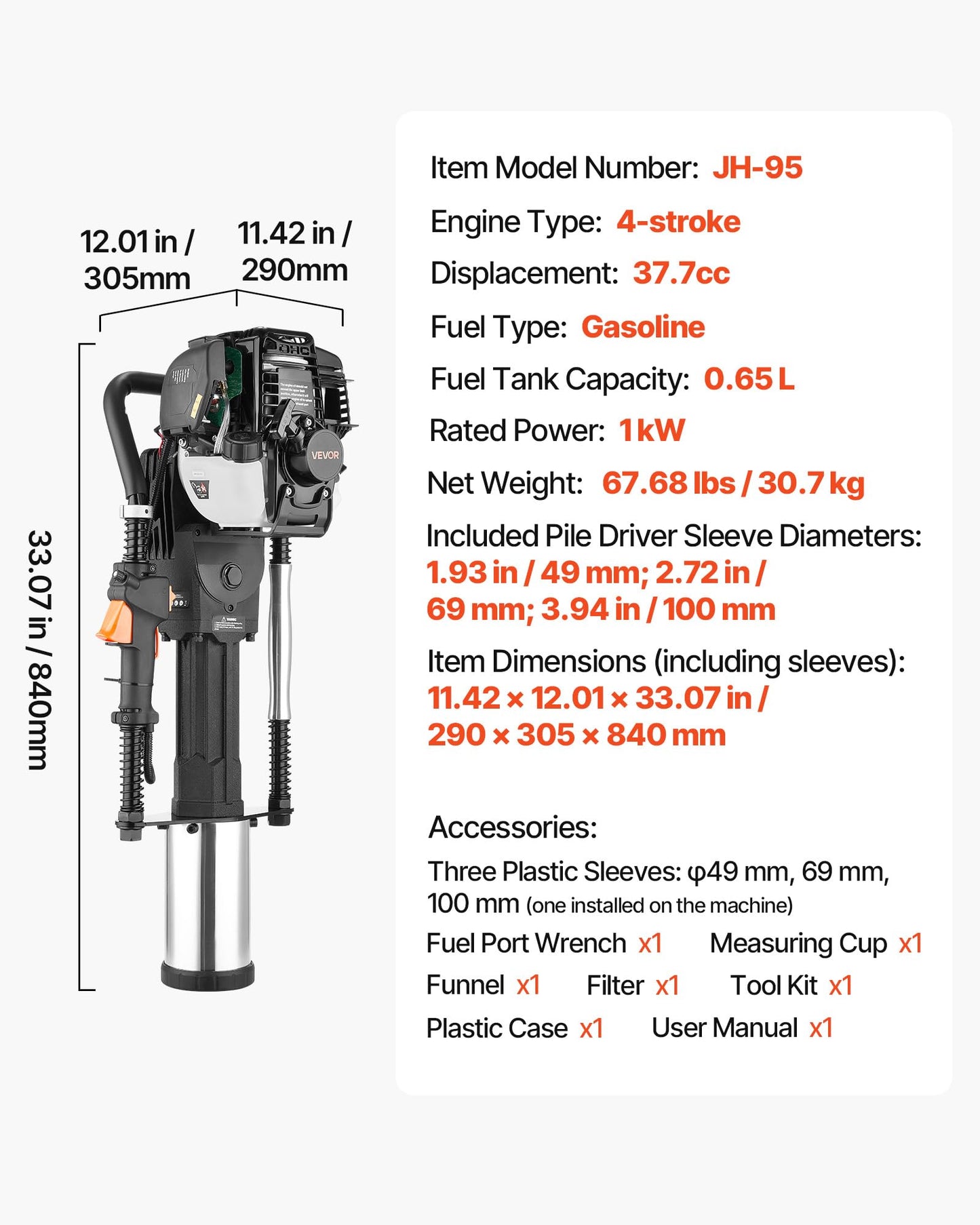 VEVOR Gas Powered T Post Driver, 37.7cc 4-Stroke Engine Efficient Post Pounder with 3 Piling Sleeves, Vibration-Reducing Handle, Heavy Duty Fence Pile Driver for Farm, Orchard, Road Work, Landscaping