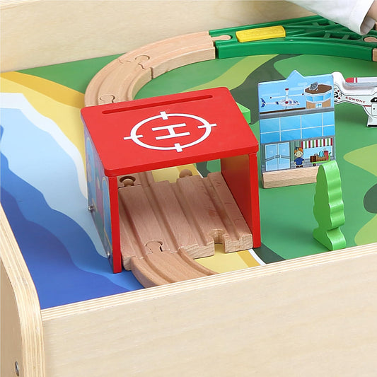 KRAND Kid's All-in-One Activity Play Table with 290 Building Bricks and 30-Piece Wooden Train Set Railway,Cars,Track and Accessories for Toddlers Boys and Girls Children's Toy Playset Game Desk