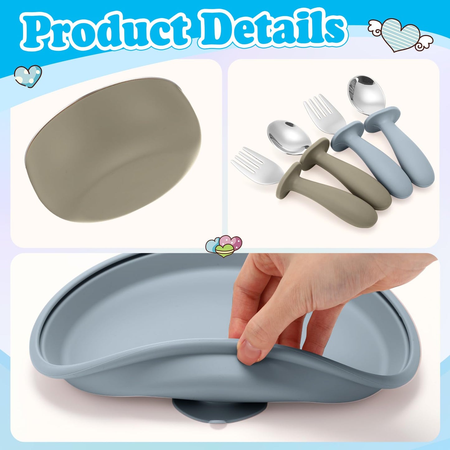 Honeydak 2 Pack Stainless Steel Baby Plates and Bowls with Suction & 2 Pack Spoons and Forks Set Kid Gift Toddler Utensil Baby Feeding Set Divided Plates for Weaning Supplies(Blue,Green)