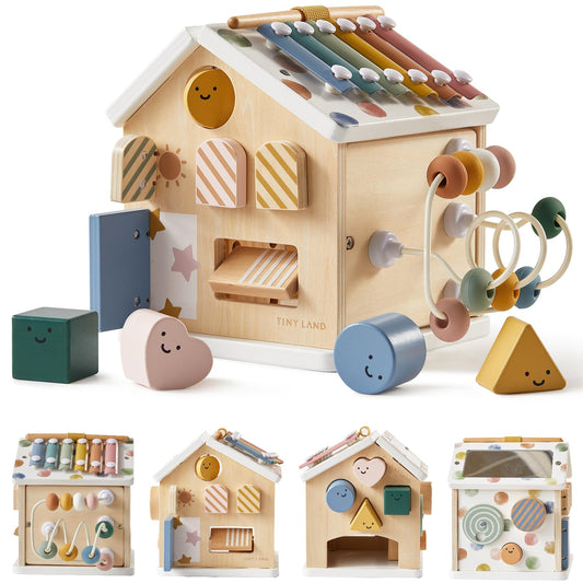 Tiny Land 9-in-1 Wooden Activity Cube, Montessori Baby Activity Center for 1+ Year Old, Educational Toy for Toddlers, Ideal Gift for Boys and Girls (Morandi)