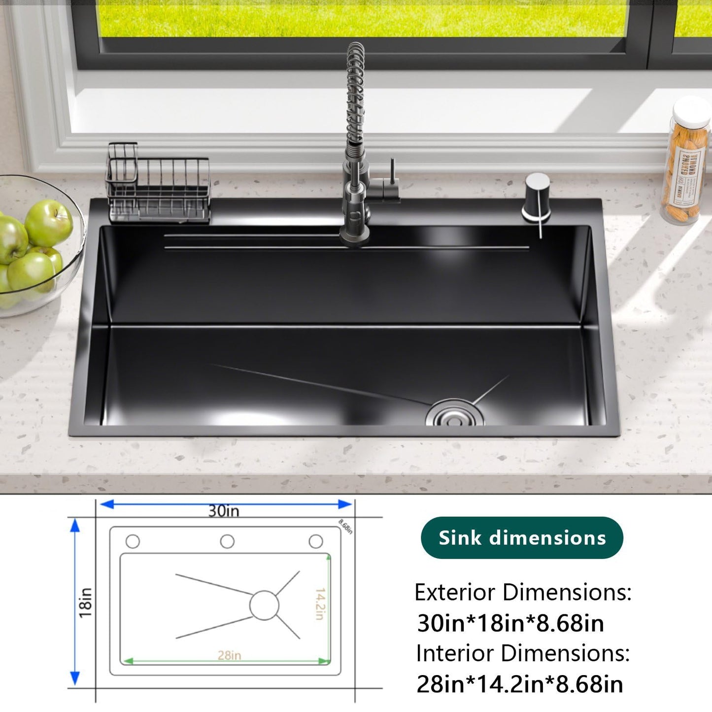 Stainless Steel Kitchen Sink with Faucet: 30-Inch Drop In Single Bowl Farmhouse Workstation Sink - Noise Reducing Design & Accessories Included (Black, 3018)
