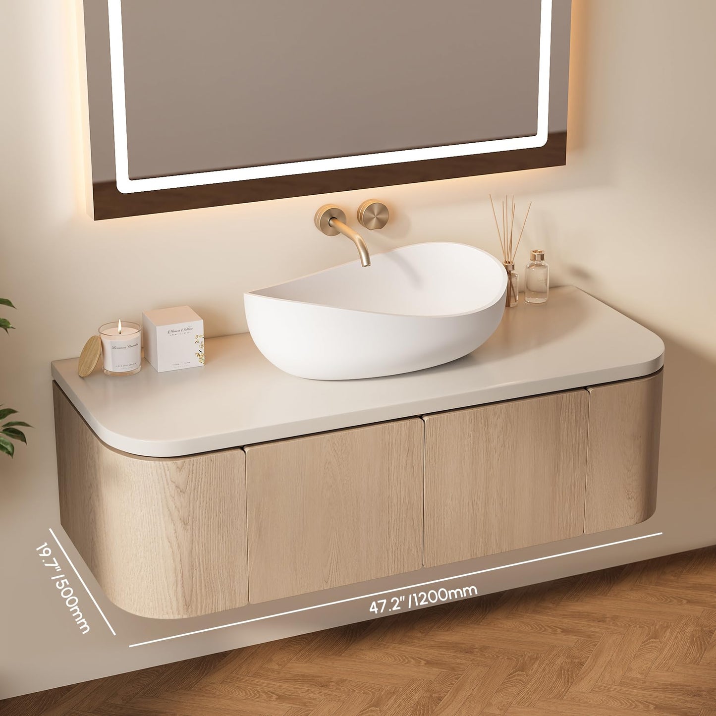 Weibath Oval Vessel Sink, Stone Resin Bathroom Sink in Matte White with Pop-Up Drain, Modern Countertop Sink 22.44"