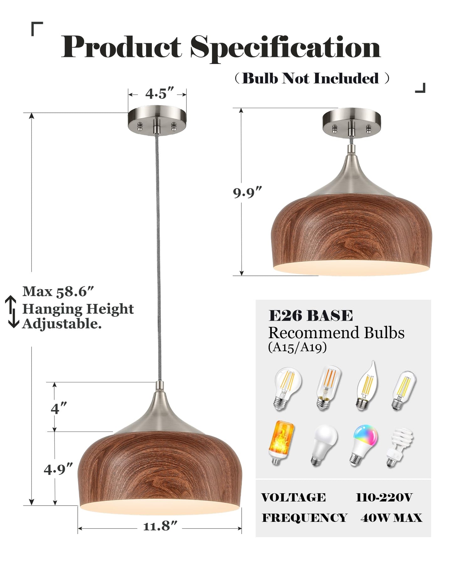 ELYONA Brushed Nickel Pendant Light Wooden Pattern Dome Pendant Light Fixture Nickel Metal Modern Adjustable Hanging Lighting for Kitchen Island Dining Room Office Hallway Foyer Bedroom, 12 Inch