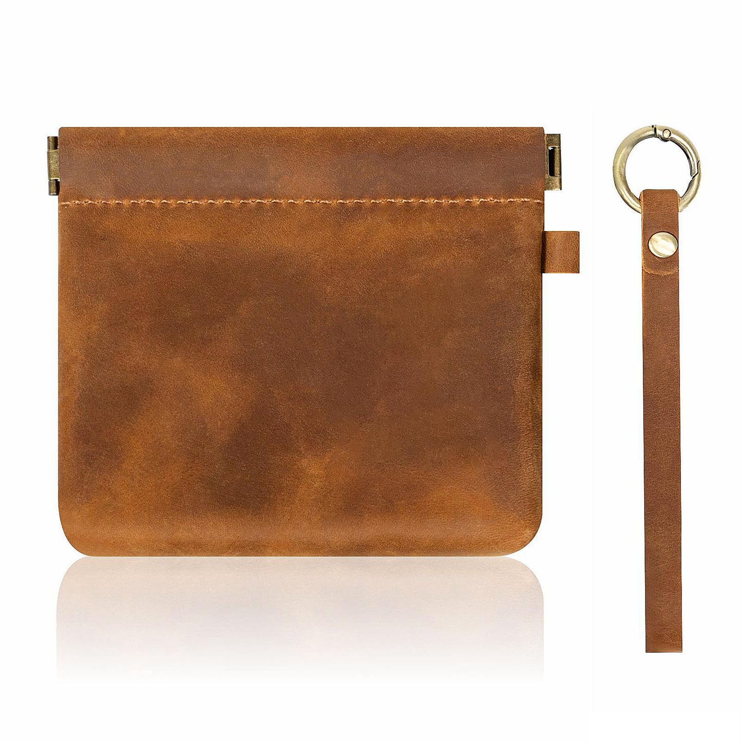 Leather Coin Purse with Wristlet, Aesthestyle Coin Pouch with Dual Interlayer, Card and Change Holder, Easy Clip on without Zipper, Squeeze Coin Wallet, Handmade Genuine Leather Wallet For Men/Women