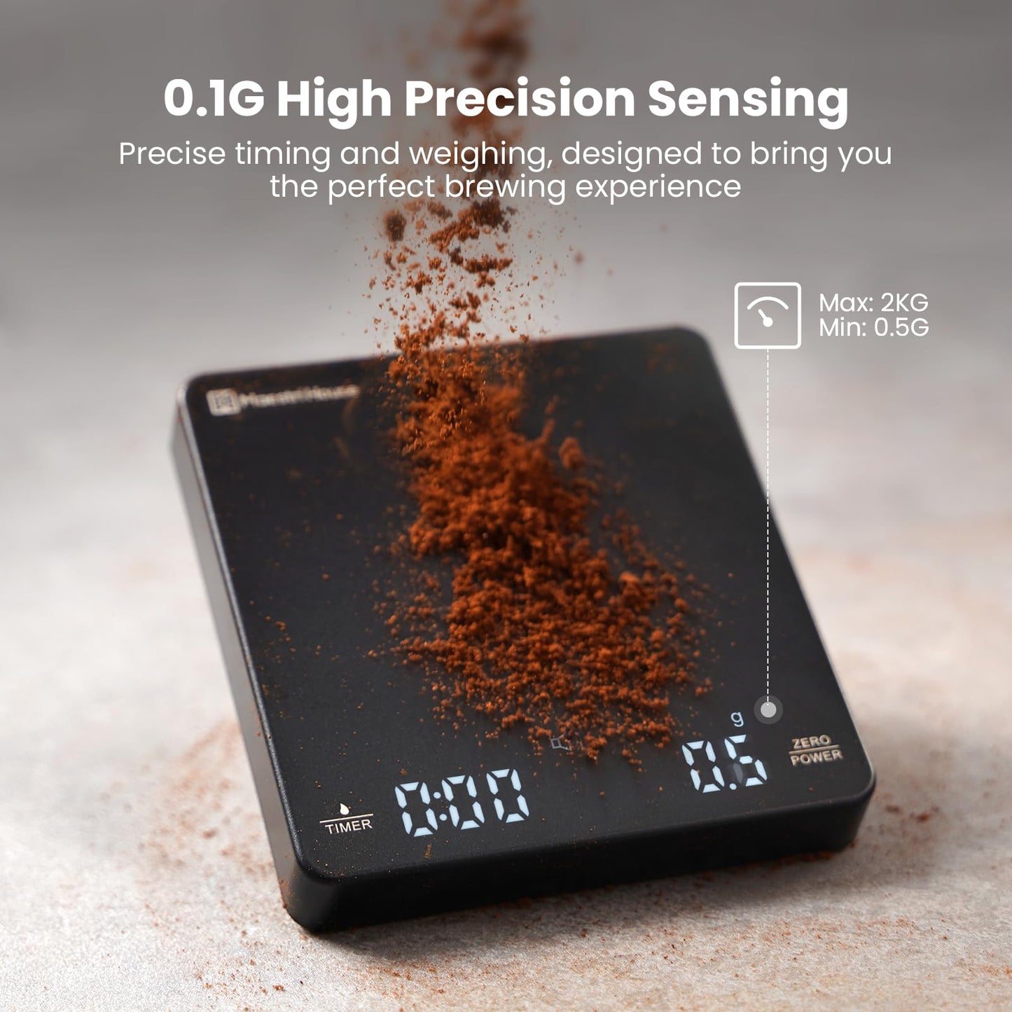Mini Coffee Scale with Timer, Maestri House Rechargeable Espresso Scale, 2kg/0.1g Accurate Scale for Espresso and Pour-Over Coffee, Portable Digital Kitchen Scale with Automatic Timing-Black