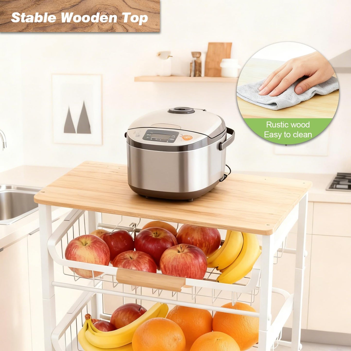 ULIKEUS 5-Tier Rolling Pantry Floor Storage Cart with Wheels&Wood Top, Large Capacity Kitchen Organization Fruit Wire Basket Stand for Pantry, Bathroom, Living Room,White