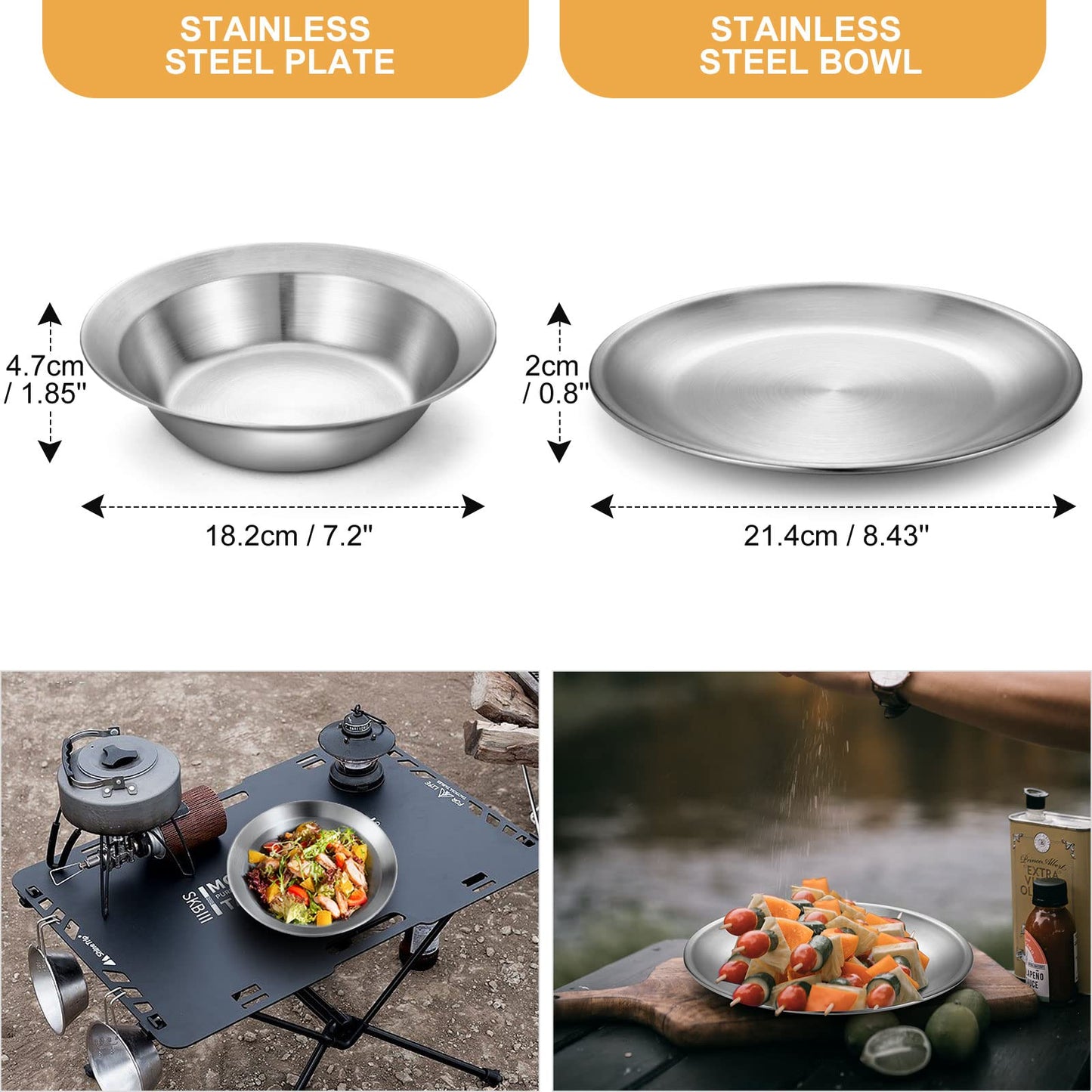 Odoland Stainless Steel Camping Mess Kit for Family & 2 Person, Cooking Tableware Utensils with Plates Bowls Forks Spoons Knives & Savings Bag for Camping, Backpacking, Hiking, Picnic, 2 Person Set