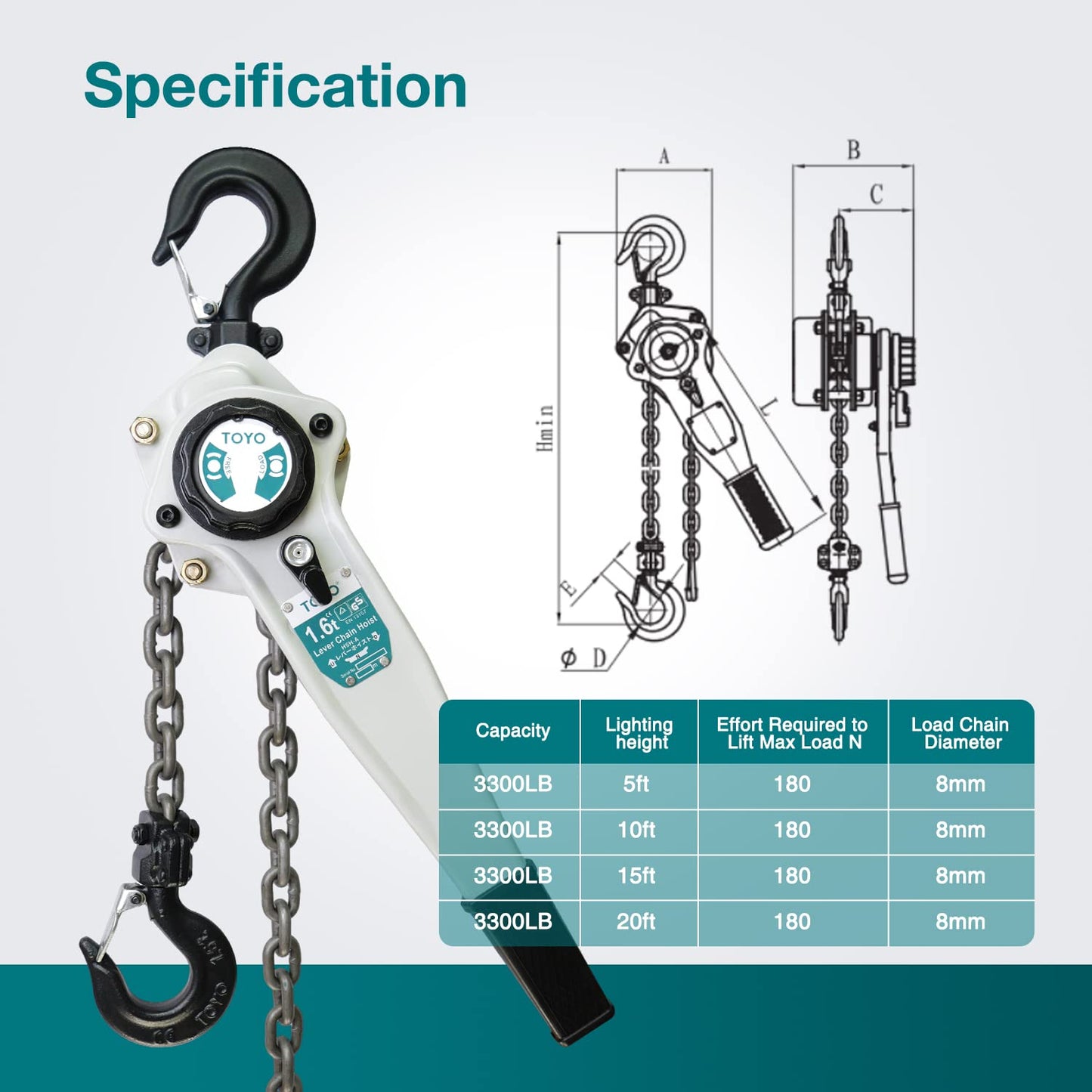 TOYO Lever Chain Hoist 3500Lbs 20ft,Chain Come Along 1.6T 20Ft Ratchet Chain Puller Hoist Alloy Steel G80 Chain 2 Heavy Duty Hooks for Building Warehouse Automotive Garages Machinery (3500LB 20FT)