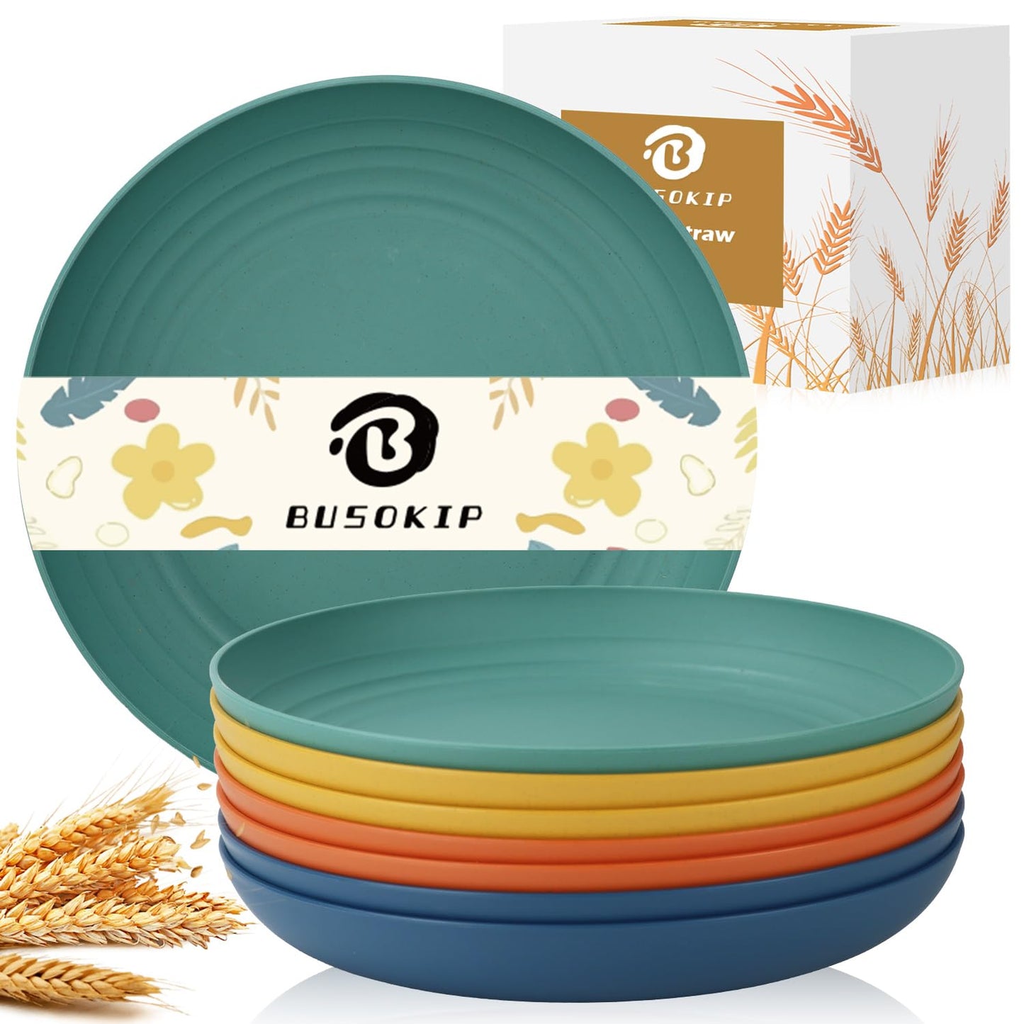 BUSOKIP 11 Inch Large Wheat Straw Plates 8 Pieces, Unbreakable Dinner Plates Reusable Plastic Plates Alternatives, Microwave Safe Plates for Kitchen, Plates Set of 8 (Multicolor)