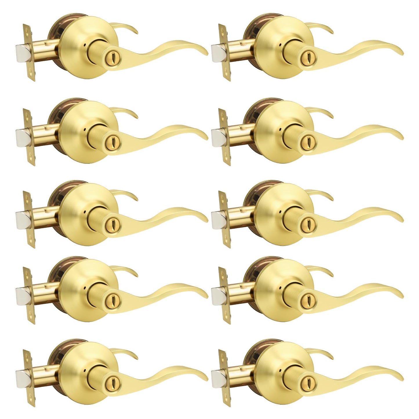 GOBEKOR Gold Door Handle Wave Privacy Door Lever Brushed Gold Door Handles Interior with Lock for Bedroom Bathroom Reversilble for Left/Right-Handed Doors, Satin Brass(10 Pack)