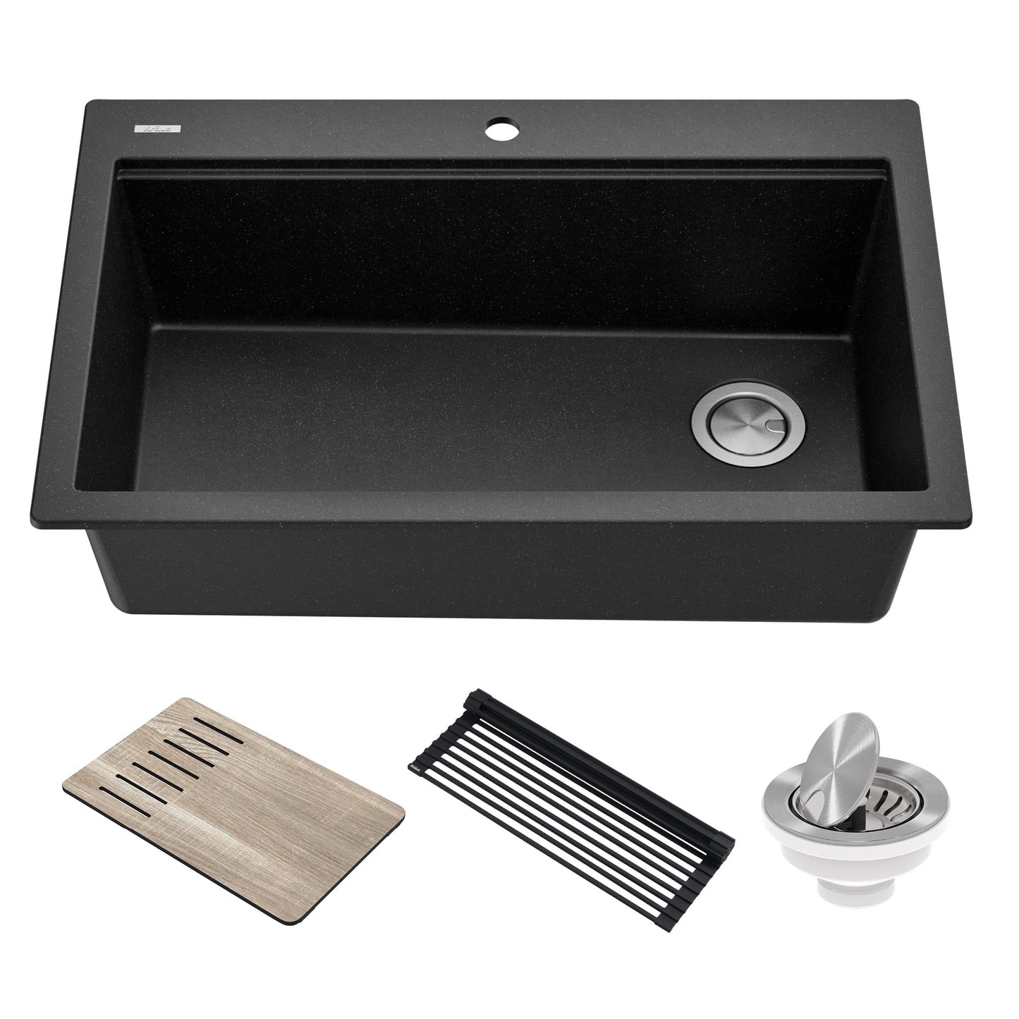 KRAUS Bellucci Workstation 33" Single Bowl Granite Kitchen Sink in Metallic Black w/Accessories, KGTW2-33MBL, Includes Dish Drainer/Dish Drying Rack