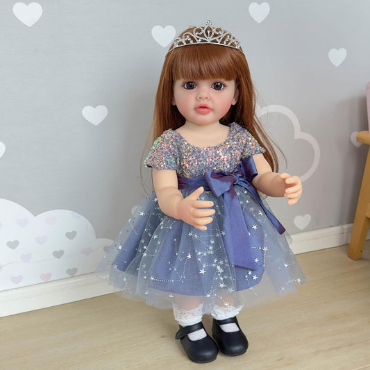 Wamdoll 22Inches Long Brown Hair Real Life Reborn Baby Dolls Crafted in Vinyl Full Body Realistic Newborn Princess Toddler Girl Doll Lifelike Anatomically Correct