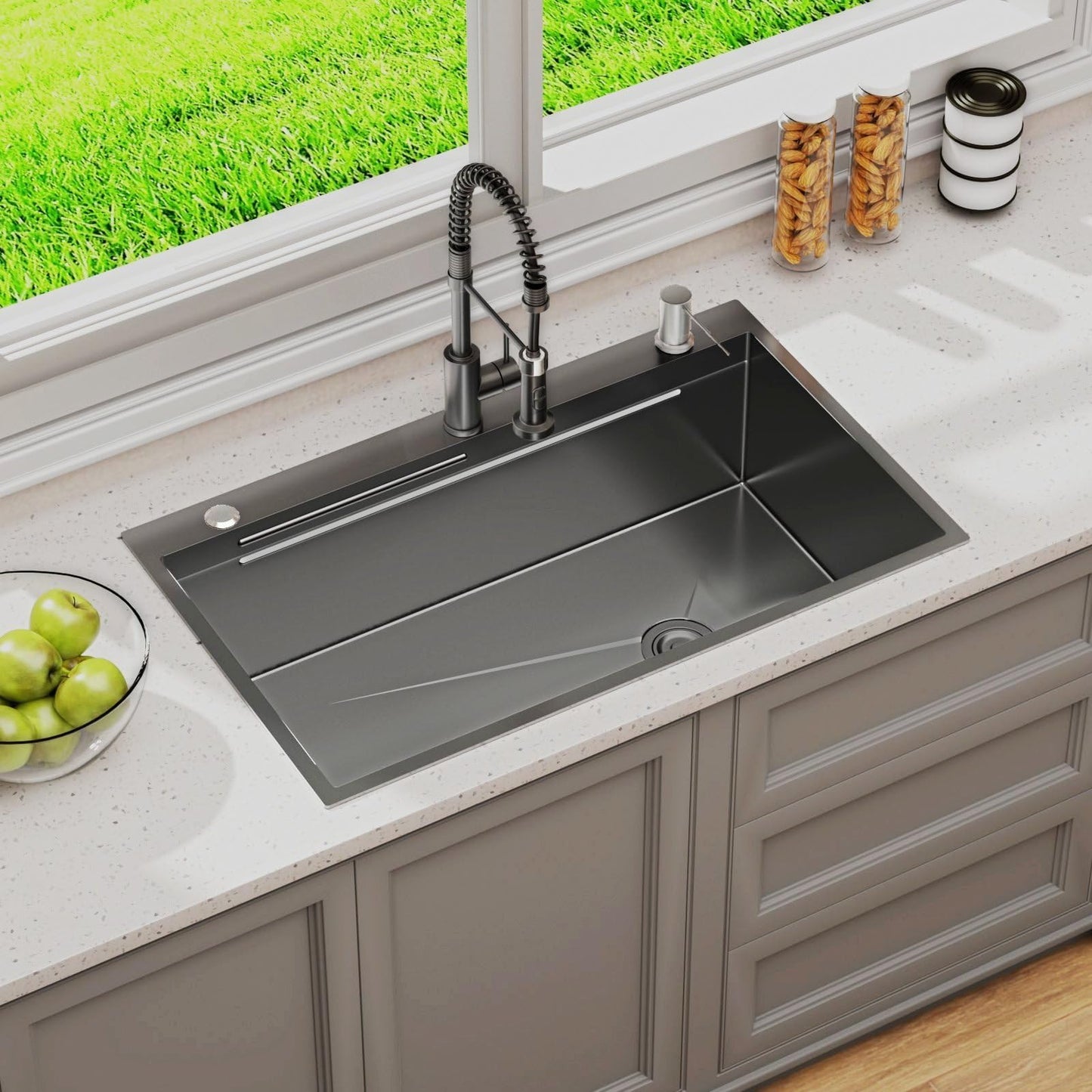 30 x 18 inch Kitchen Sink, Single Bowl Stainless Steel Gunmetal Black Topmount Multifunctional Drop In Sink with Pull-Down Faucet (Black, 3018)
