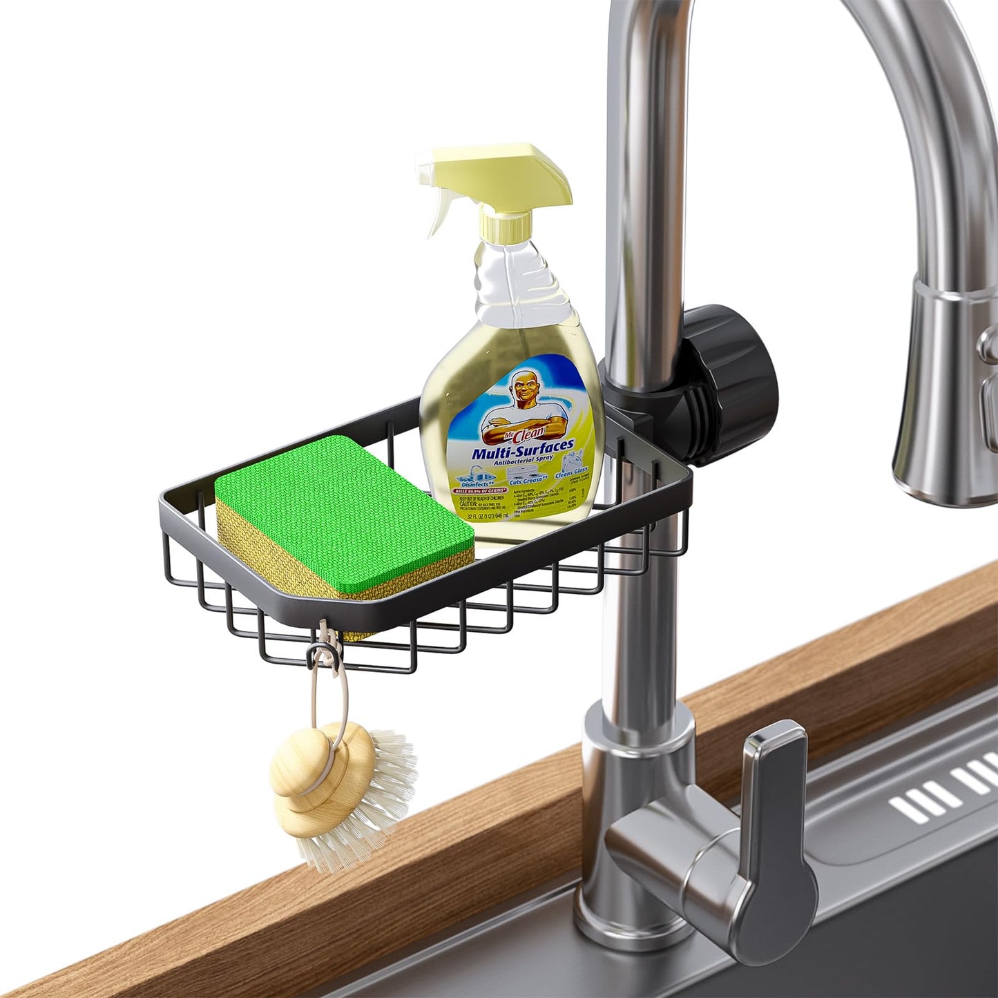 LONIN Sponge Holder Over Faucet Kitchen Sink Caddy Organizer, Stainless Steel Detachable Hanging Faucet Drain Rack for Bathroom, Scrubbers, Soap, (Black)