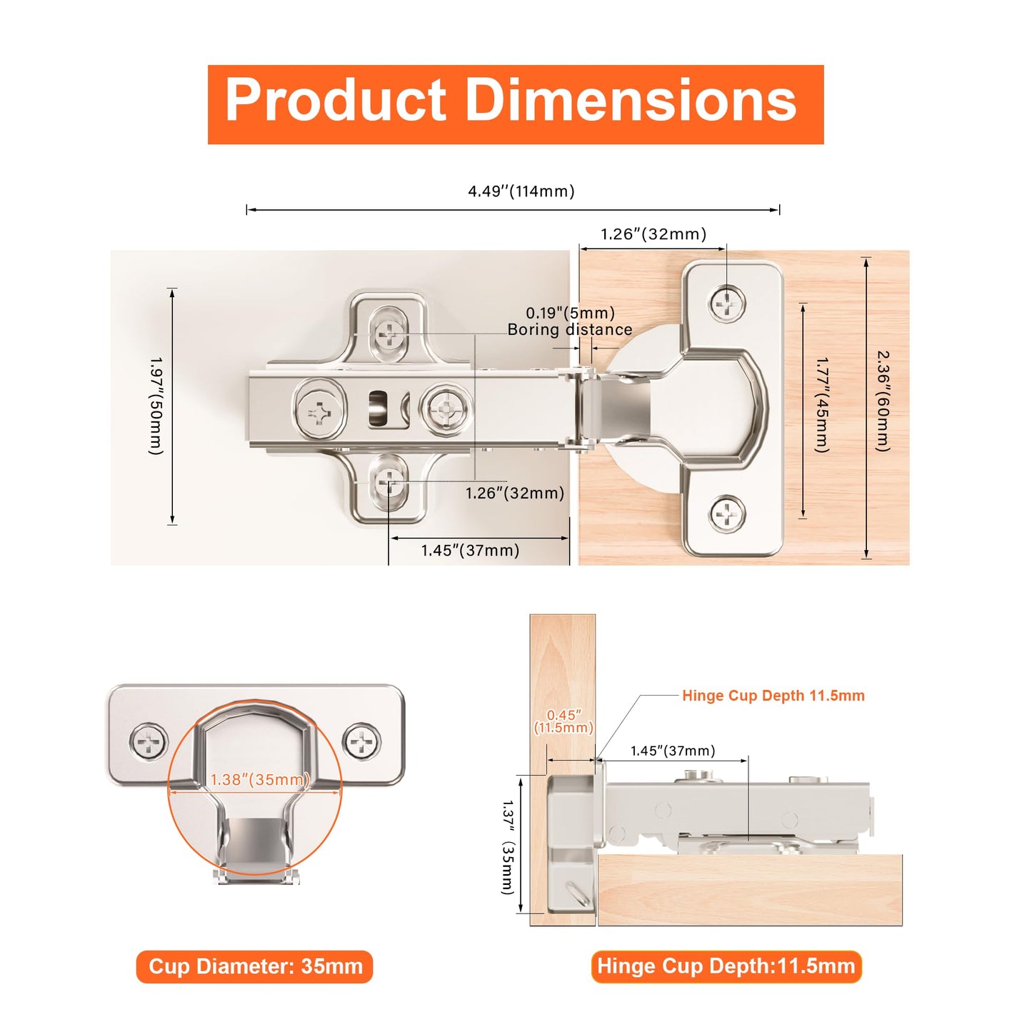 Kimdot 4 Pack Frameless Full Overlay Soft Close Cabinet Hinges for Kitchen 105°Clip on Plate Adjustable Concealed European Door Hinges Nickel Plated Finish
