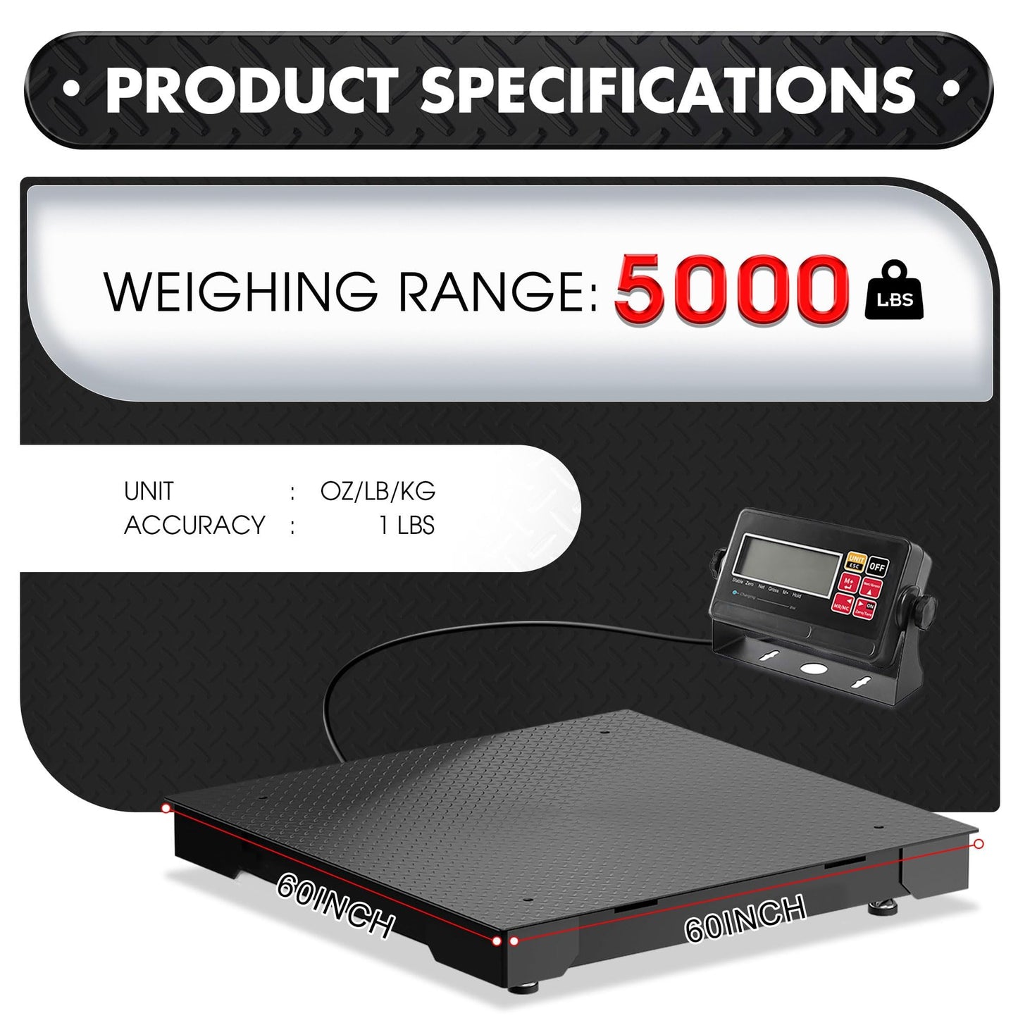 Industrial Floor Scale 60x60 Inch - 5000lb x 1lb, Heavy Duty Platform Weighing Scale with Digital Display