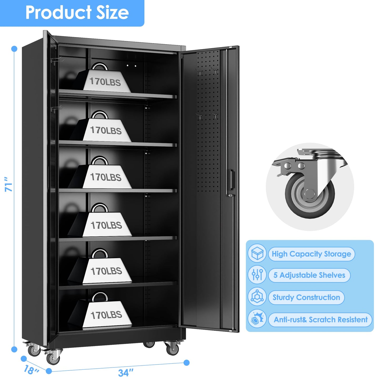 Reemoon Metal Storage Cabinet with Wheels and Pegboard, 71" Tall Garage Storage Cabinet with 5 Adjustable Shelves and Locking Doors, Heavy Duty Steel Utility Cabinet for Office