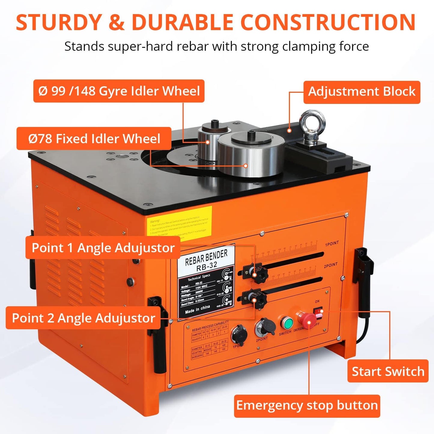 3000W Electric Rebar Bender, High-Speed Bending Machine, Accurate Portable Rebar Bender Tool for 1/4 inch to 1.3 inch Steel Bar with Foot Pedal
