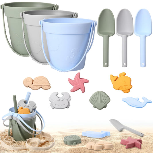 Hungdao 13 Pcs Silicone Beach Toys Travel Beach Set Sand Toys Including 3 Silicone Buckets 3 Shovels 6 Sea Creature Sand Molds 1 Bag for Kids Boys Girls Summer Pool Outdoor Bath(Green Gray Blue)