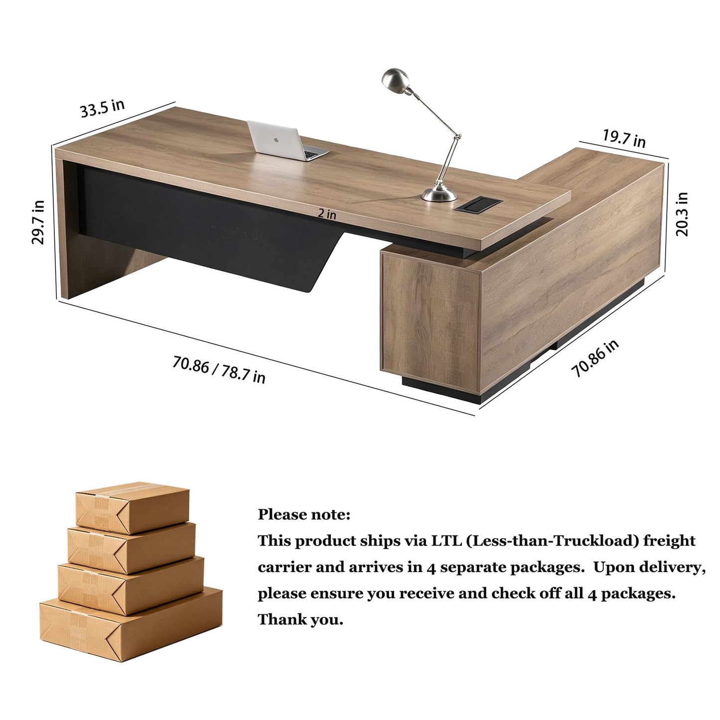 ONNAHOMEStlyle L Shaped Desk with File Drawer, Solid Wood Large Executive Desk for Home Office, Adjustable Width (70.86" to 78.7"), Storage Cabinet & 2 Drawers, Left Return