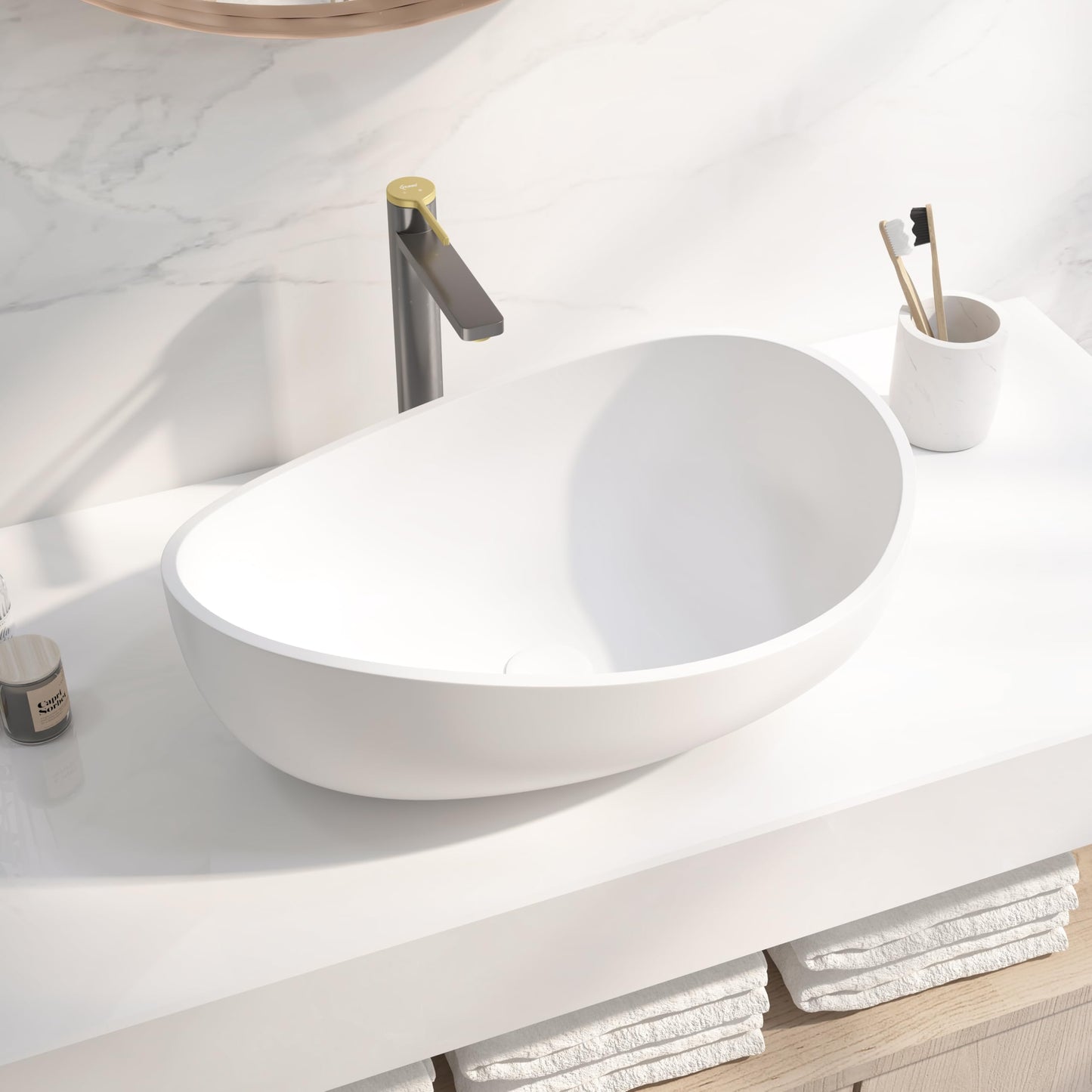 COGITIL Bathroom Sink, 22" Oval Vessel Bowl Sink Stone Resin Modern Artistic Design for Vanity Countertops Matte White with Pop Up Drain (Glossy White)