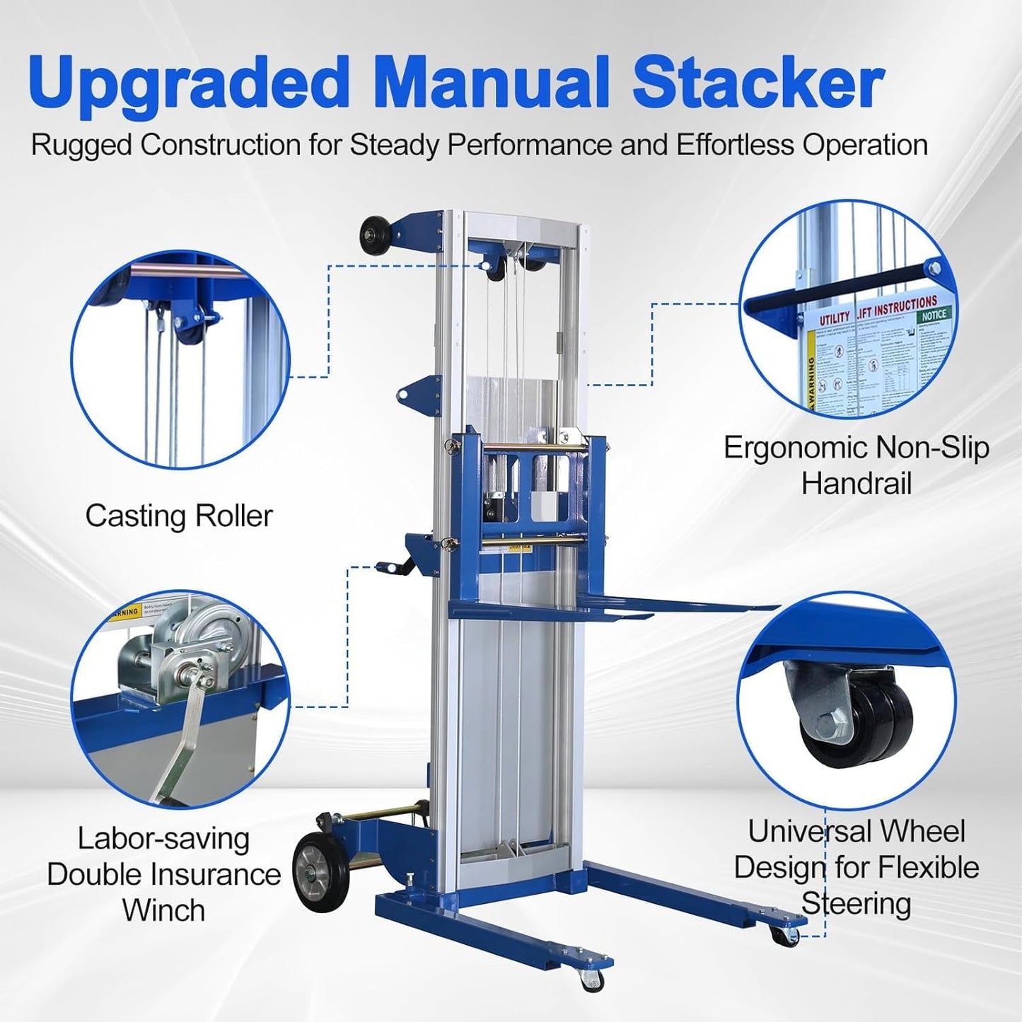ELOMBR Material Lift Winch Stacker, 400 lbs Capacity, 122" Lift Height, Adjustable Straddle Hand Winch Lift Truck, Material Lifts for Warehouse, Factory, Library, 42.90"L x 43.30"W