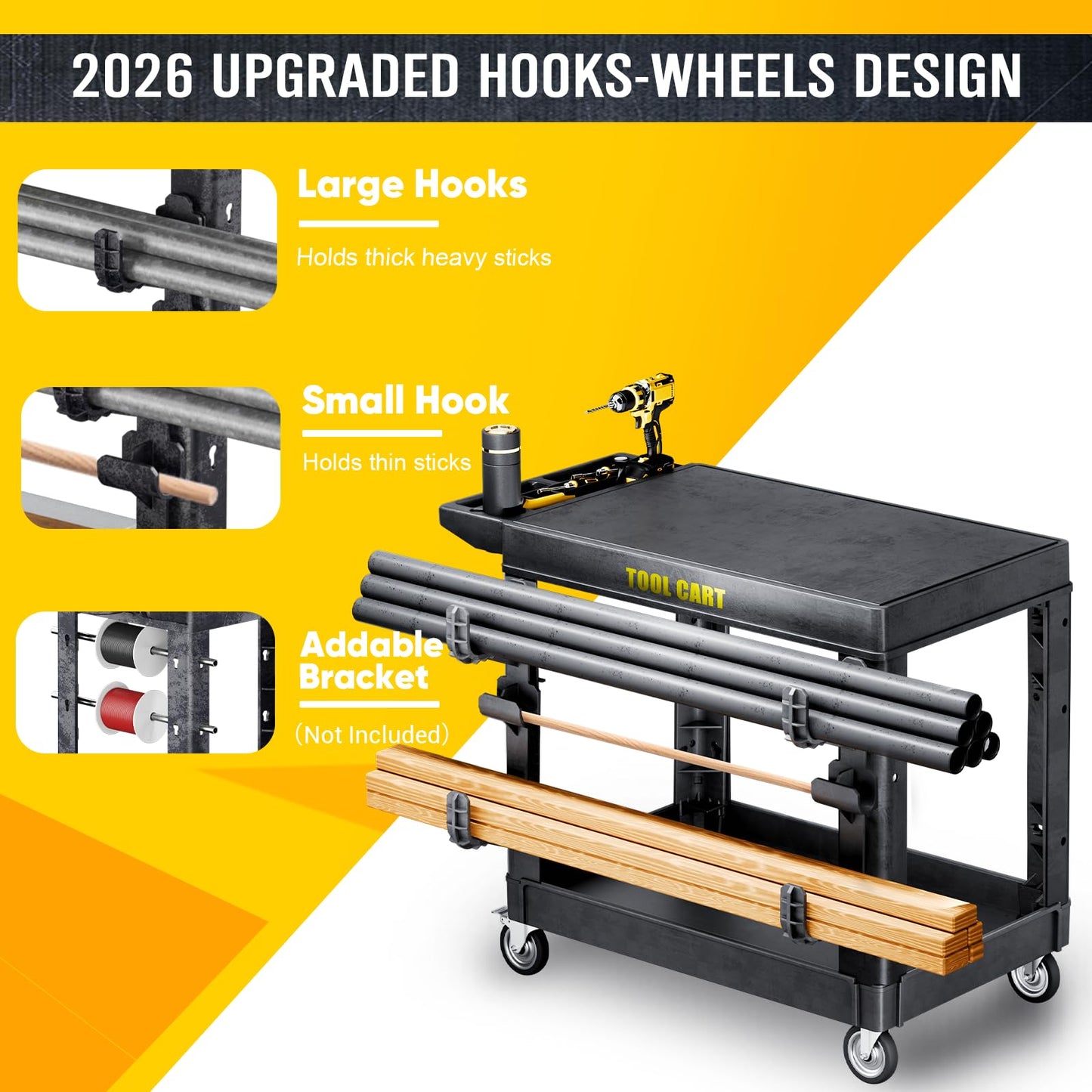 BSMTEK 850lbs Heavy Duty Plastic Utility Cart 34 x 17 Inch-Heavy Work Rolling Cart with Upgraded Side Tube Holder Hooks, 2 Tier Service Cart with Full Swivel Wheel for Warehouse,Garage, Cleaning,Black