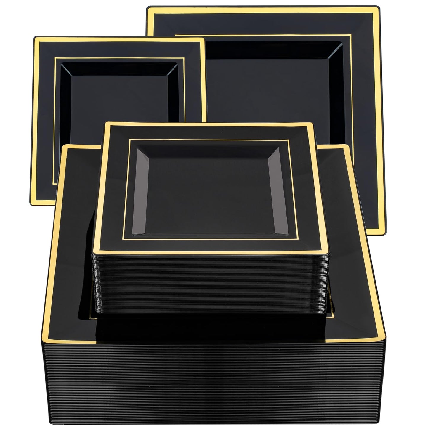 Goodluck 100 Black Pack Square Plastic Plates With Gold Rim, Heavy Duty 50 Dinner Plates 9.5" and 50 Dessert Plates 6.5", Fancy Disposable Plates for Wedding, Holiday Party, Birthday, Halloween