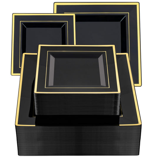 Goodluck 100 Black Pack Square Plastic Plates With Gold Rim, Heavy Duty 50 Dinner Plates 9.5" and 50 Dessert Plates 6.5", Fancy Disposable Plates for Wedding, Holiday Party, Birthday, Halloween