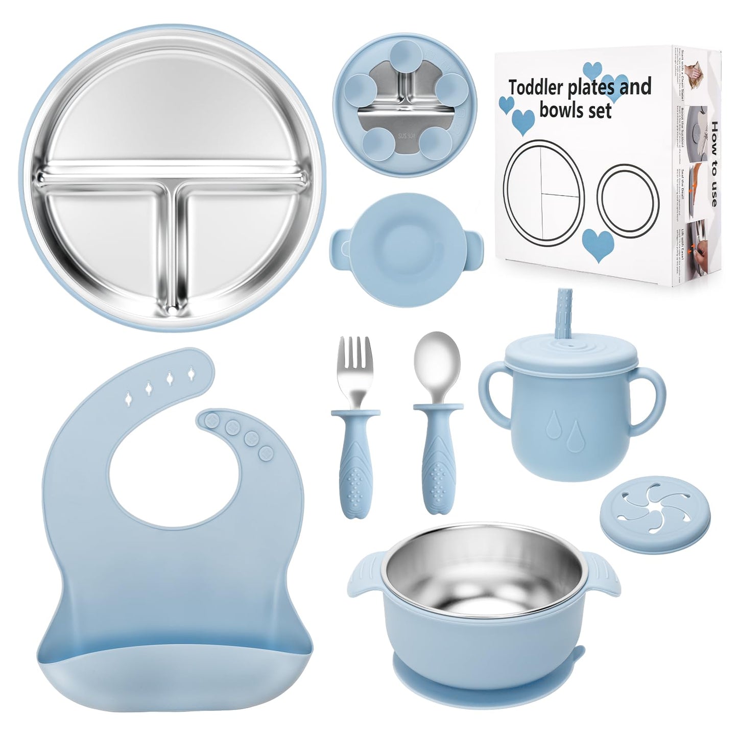 MISSLILI Stainless Steel Kids Plates and Bowls Set with Suction, Divided Baby Plate and Toddler Bowl with Removable Silicone Suction,Stainless Steel Weaning Bundle, Silicone Baby Feeding Set (Blue)