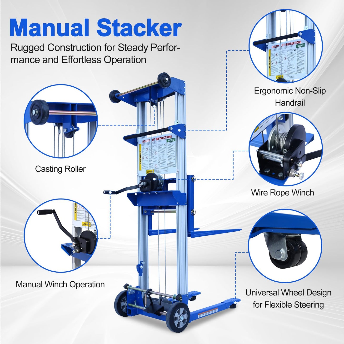 EPOFIT Material Lift Winch Stacker, 400 lbs Capacity, 122" Max Raised Height, Fixed Straddle Hand Winch Lift Trucks for Warehouse, Factory, Library, 34.60" L x 24.80" W