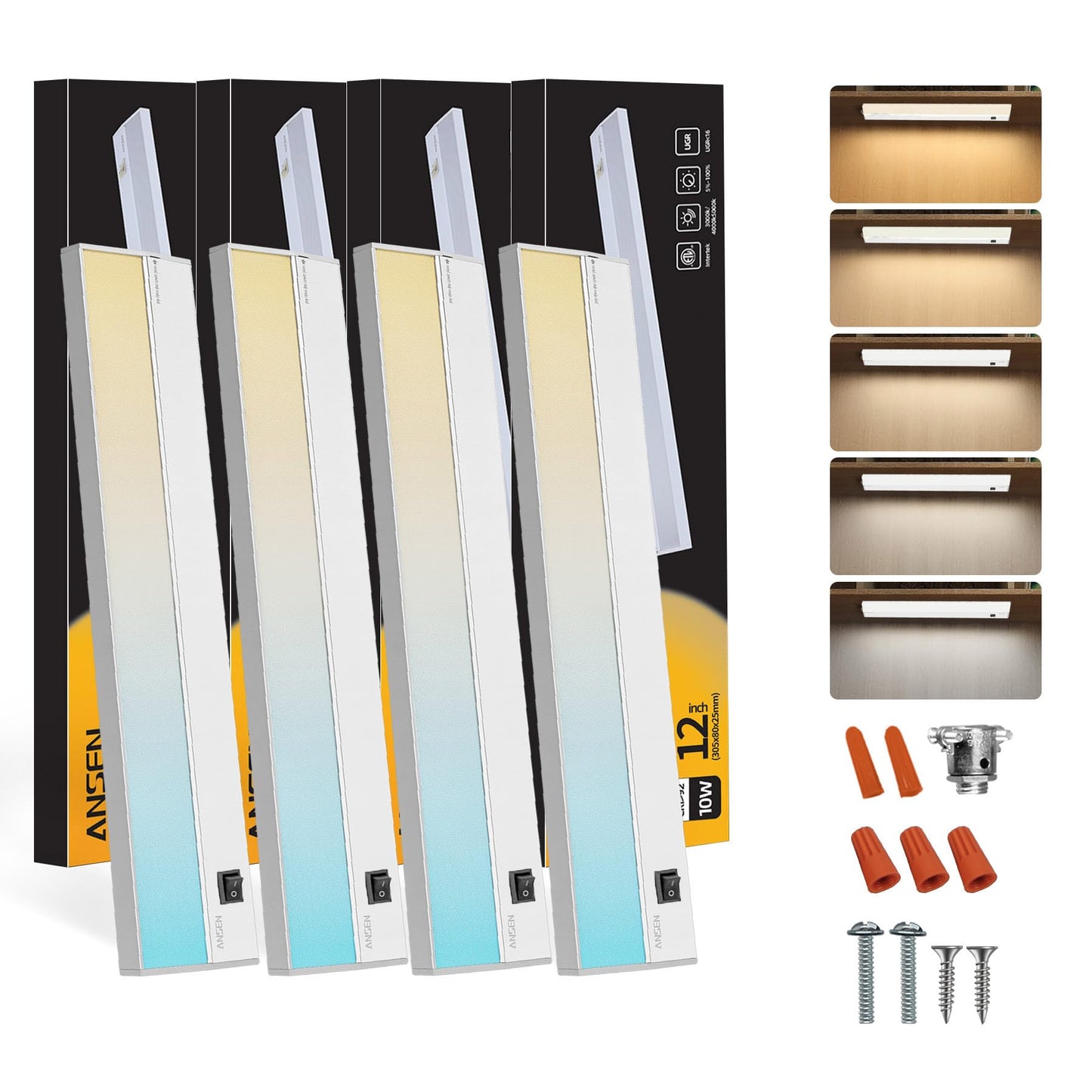 Ansen 4Packs of Under Cabinet Lighting Hardwired, 12IN 10W 666LM, Dimmable Led Light for Kitchen/Bar/Closet, CRI>92, R9>90, 5 Color Temperature, 2700K-5000K(Warm White, Cool White, Daylight)