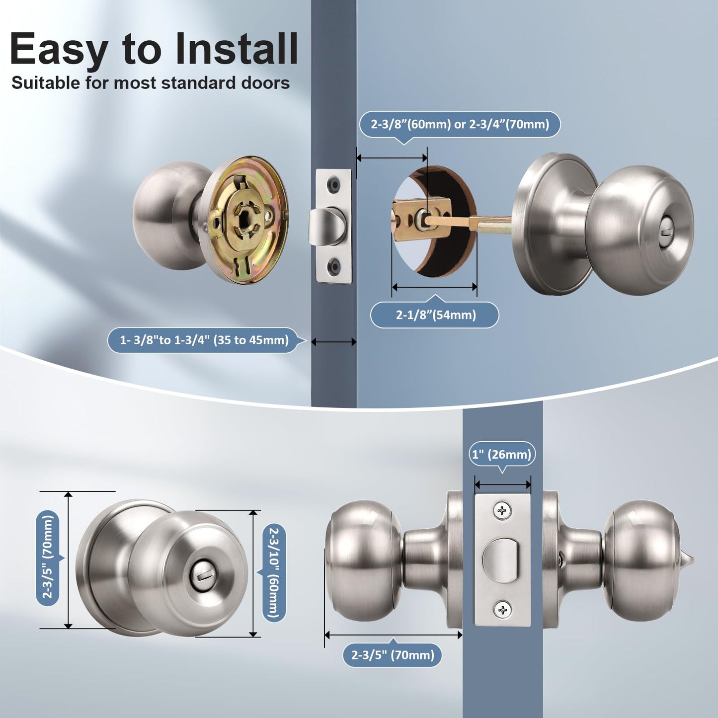 KNOBWELL 8 Pack Privacy Door Knob with Lock in Brushed Nickel Finish for Bedroom and Bathroom, Indoor Security Door Handle with Privacy Lock, Satin Nickel Interior Door Knobs