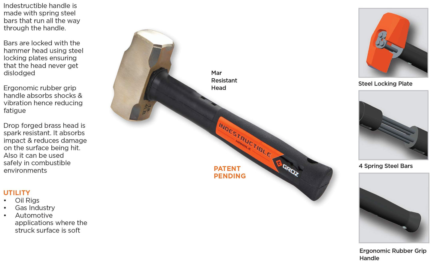 Groz Brass Head 4lb Sledge Hammer with 12-Inch Indestructible Handle | Mar Resistant Head | Steel Locking Plate | Vulcanized Rubber Handle | Spark Resistant (34702)