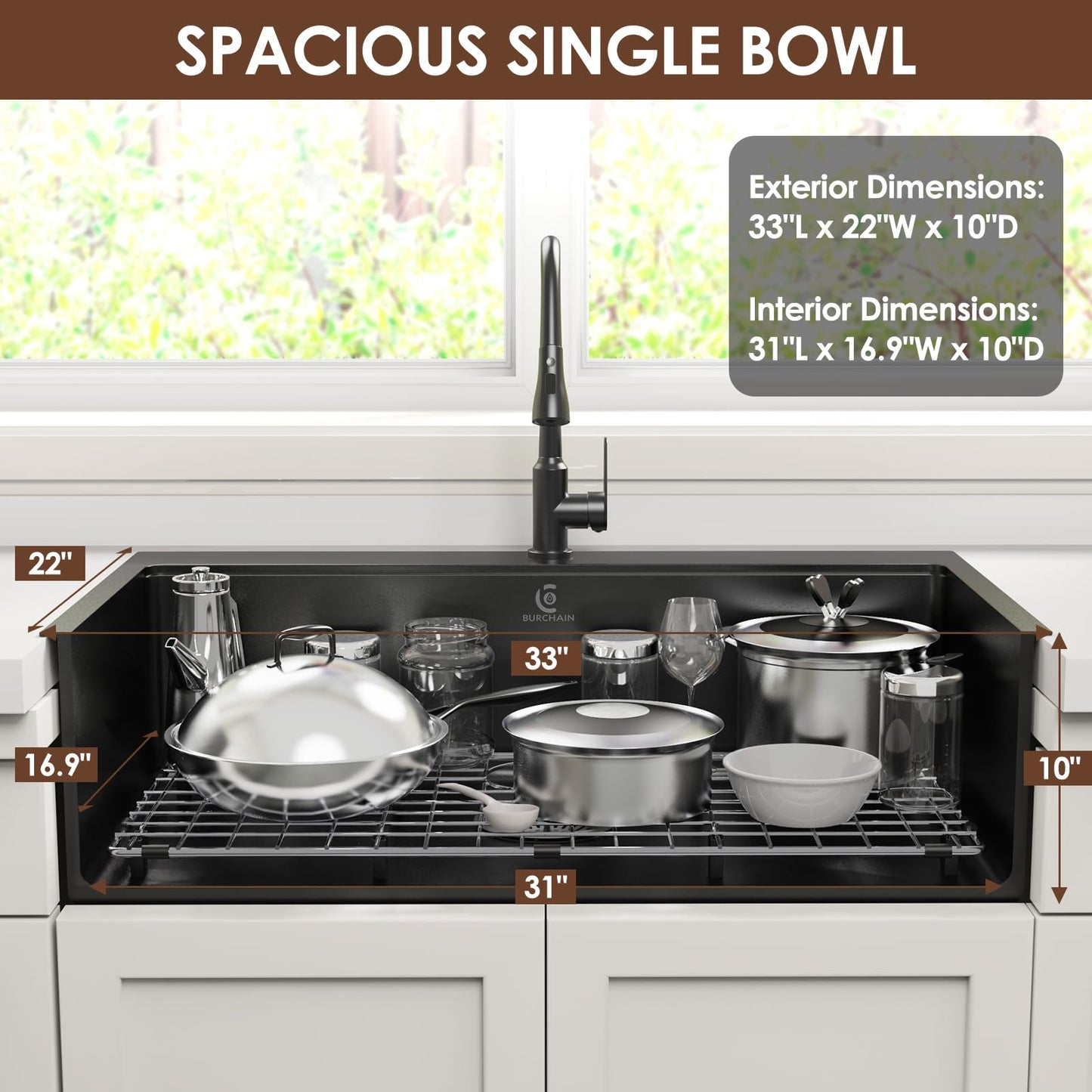 BURCHAIN 33x22 Inch Kitchen Sink Black Drop In Stainless Steel Kitchen Sinks 16 Gauge Single Bowl Workstation Luxury Top Mount Sink with 6 Accessories Include Glass Rinser (Black)