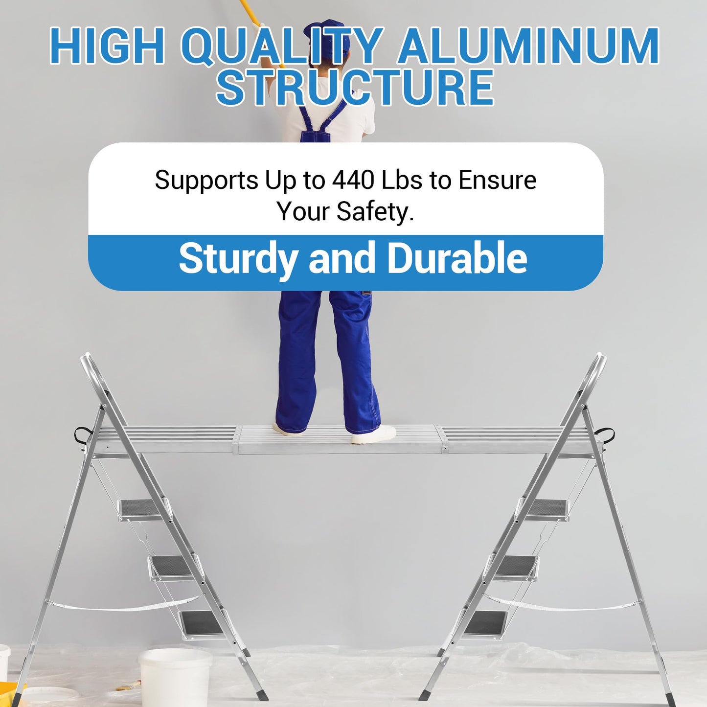 9-15FT Telescoping Scaffold Plank, 440Lb Capacity Aluminum Work Platform, 12.5" Wide Ladder Accessory with Skid-Proof Surface & Sticky Tape for Painting/Repair