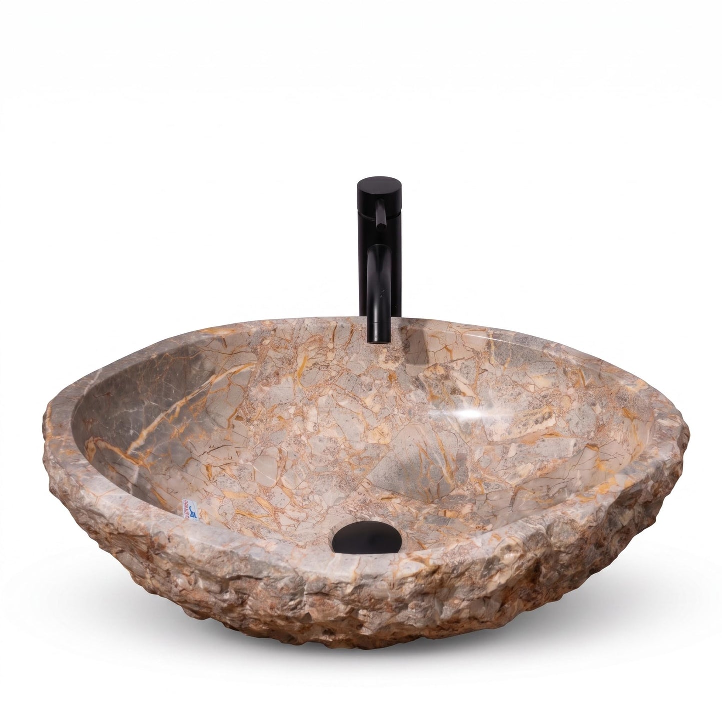 Organic Freeform Hand-Carved Marble Vessel Sink – Stone Vessel Sink with Chiseled Exterior & Natural Gold Veining – One-of-a-Kind Rustic Luxury Bathroom Sink