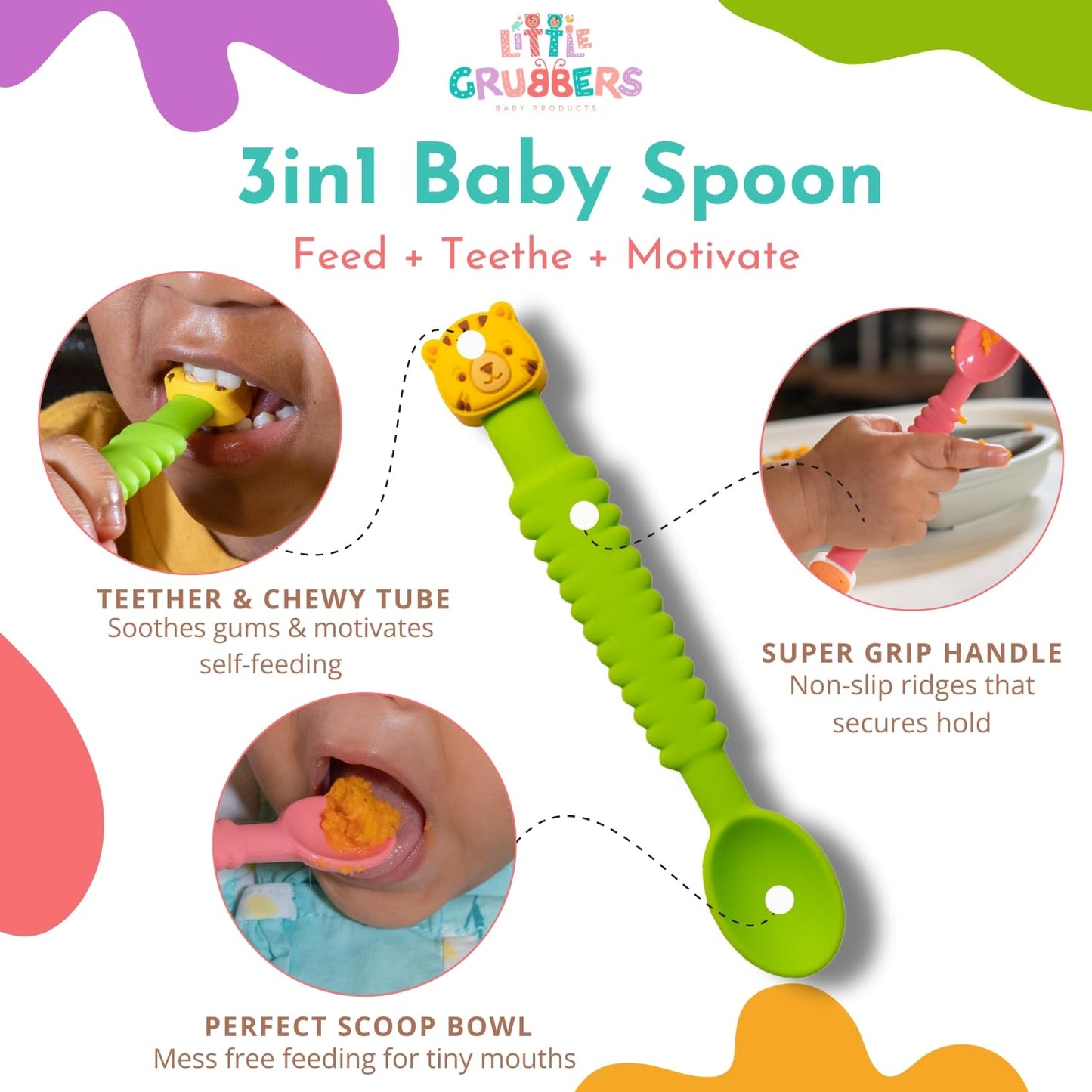 Little Grubbers 3-in-1 Silicone Baby Spoon Self Feeding 6+ Months - Pediatric OT Designed Teether Spoon, BPA Free Infant Toddler Utensils, Mess-Free, Fun for Baby Led Weaning Supplies - 4 Pack