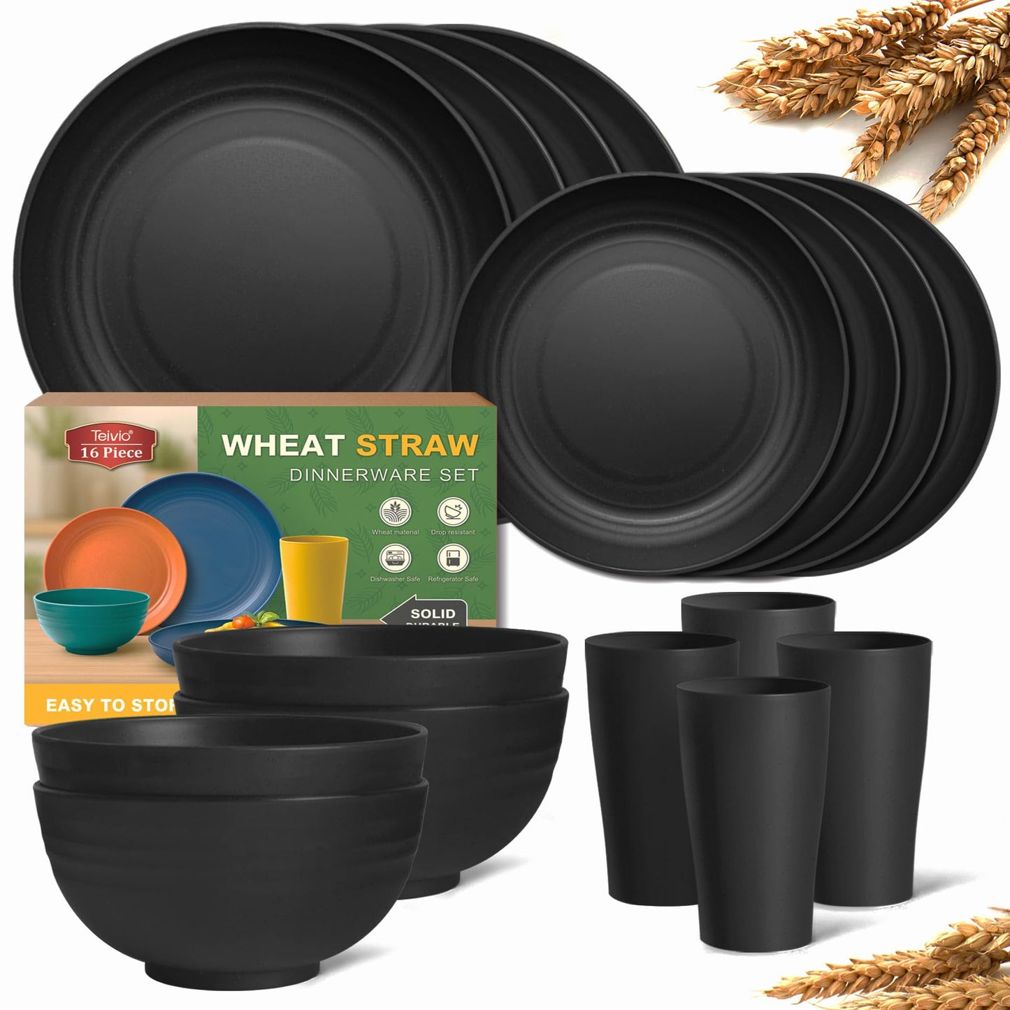 Teivio 16-Piece Kitchen Plastic Wheat Straw Dinnerware Set, Service for 4, Dinner Plates, Dessert Plate, Cereal Bowls, Cups, Unbreakable Plastic Outdoor Camping Dishes, Black Matte