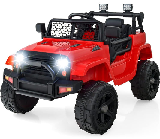 OLAKIDS Kids Ride On Truck, 12V Electric Vehicle Jeep Car with Remote Control, Toddlers Battery Powered Toy with 2 Speeds, Spring Suspension, Double Open Doors, LED Lights, Music, TF,USB, Mp3 (Garnet)