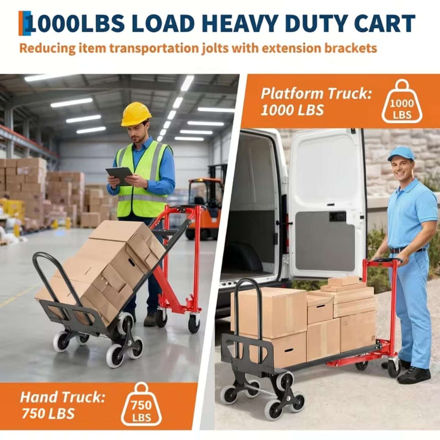 Heavy Duty Stair Climbing Hand Truck - 1000 LBS Capacity 4-in-1 Convertible Dolly Cart, Foldable Platform Utility Cart for Moving Boxes, Industrial Grade Steel Construction(red)