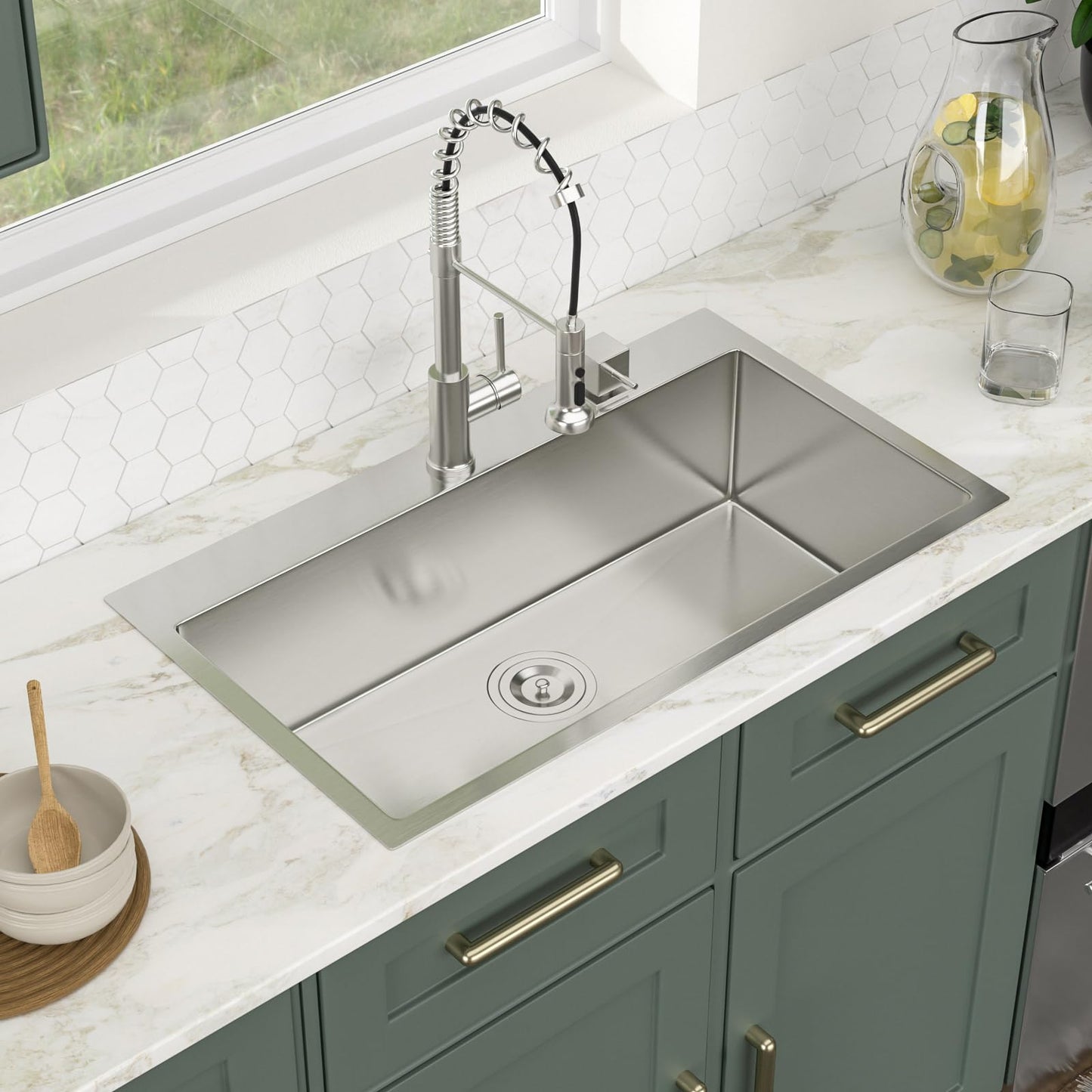 Logmey 33 Drop In Kitchen Sink - 33x19 Inches Stainless Steel Drop-in Kitchen Sinks 16 Gauge Round Corner Topmount Sink Overmount Single Bowl Kitchen Sinks