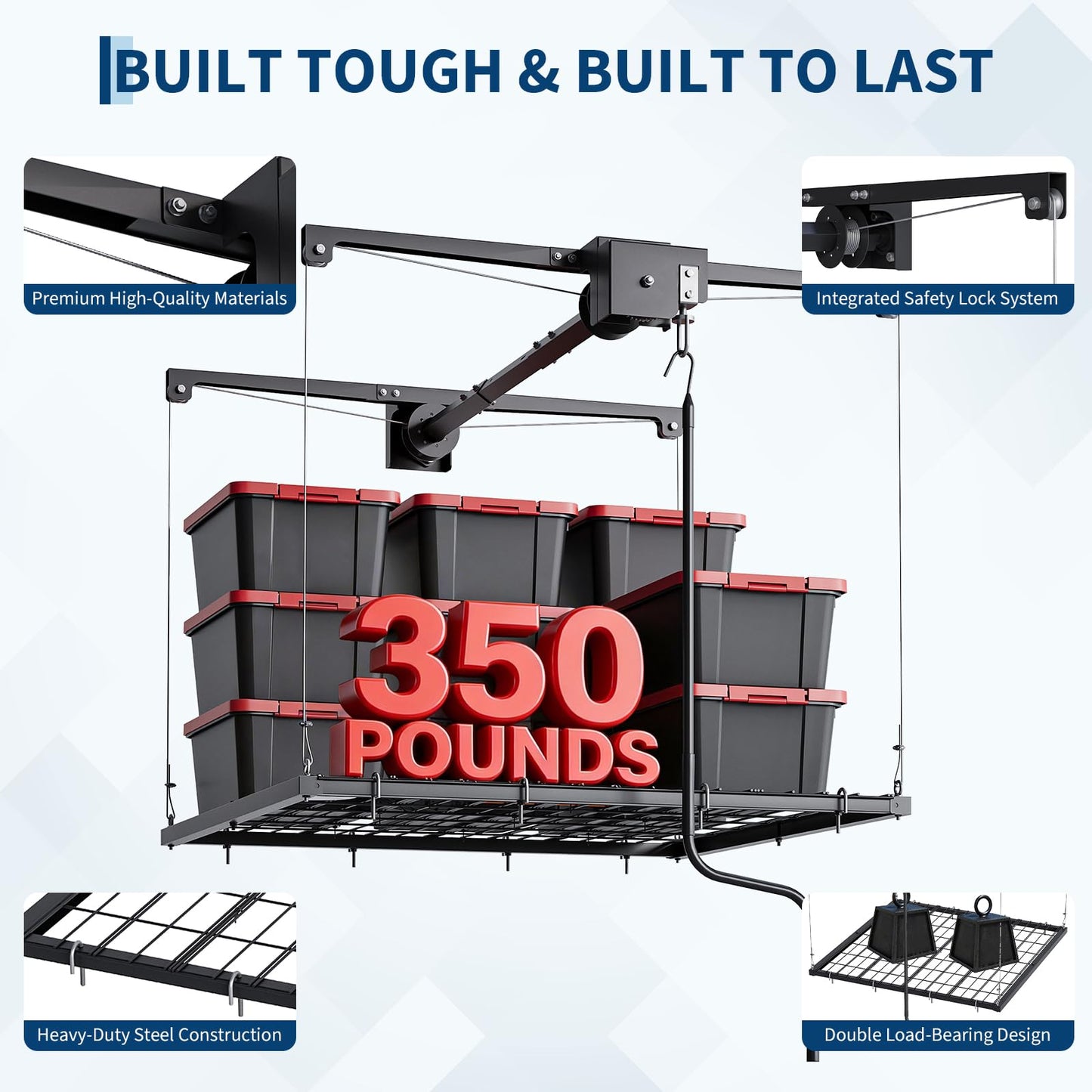 Heavy Duty Ceiling Storage Lift Adjustable 4x4 ft with Dual Safety Lock, 350 Lb Capacity Steel Ceiling Mounted Storage Racks for Garage Ceiling Organization and Overhead Storage, Ideal for Plastic Bin
